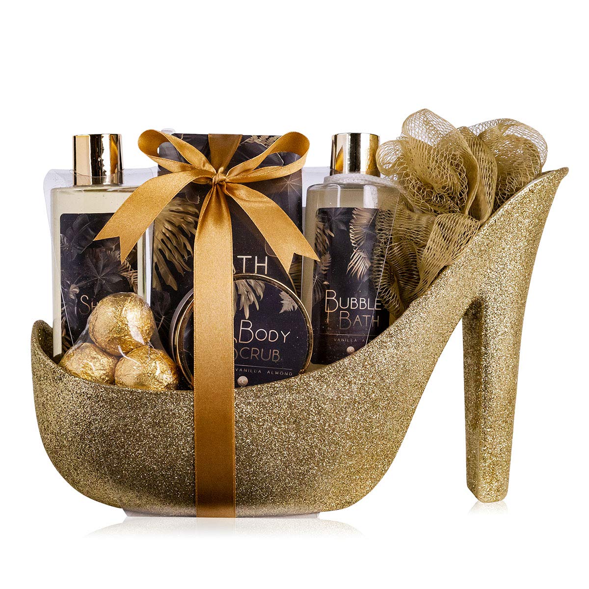 Accentra Luxus-Badeset für Damen, Geschenkset in Glitzerpumpe, 200 ml Duschgel, 200 ml Schaumbad, 200 g Badesalz, 90 ml Körperpeeling, 3 x 15 g Badebomben, Geburtstags- und Muttertagsgeschenk