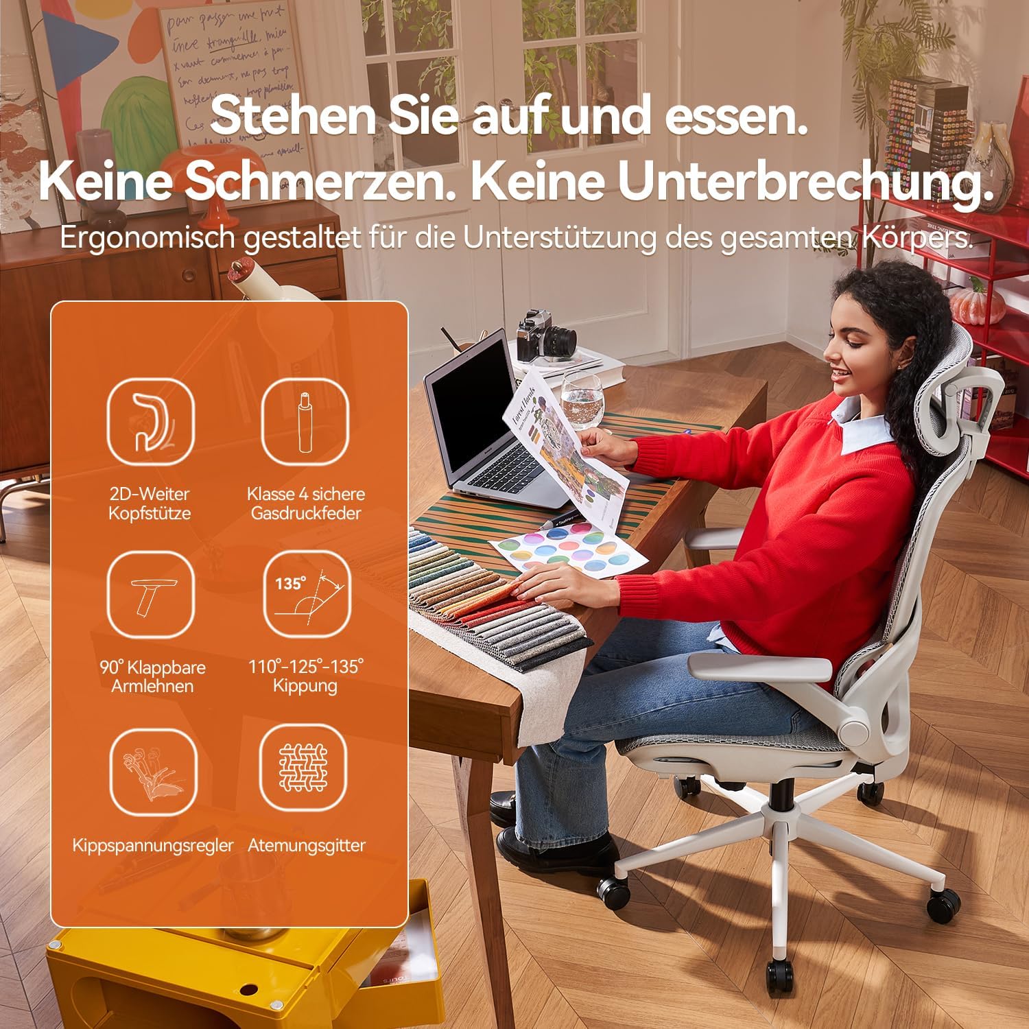 SIHOO Ergonomischer Bürostuhl mit dynamischer 4D-Lendenwirbelstütze, breiter Kopfstütze und klappbaren Armlehnen, 90–135° neigbar, Weiß – Bild 8
