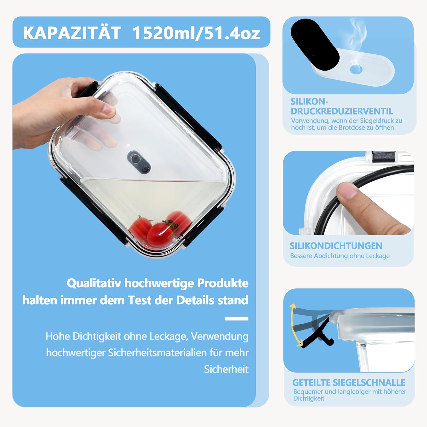 ERUIV Meal Prep Boxen Glas, (4 Behälter + 4 Deckel) Meal Prep Glas 1520 ml, Frischhaltedosen Glas, Gefrierbehälter Set mit Dampfventil, Glasdose transparent mit Deckel, BPA-freies Vorratsdose Glas – Bild 5