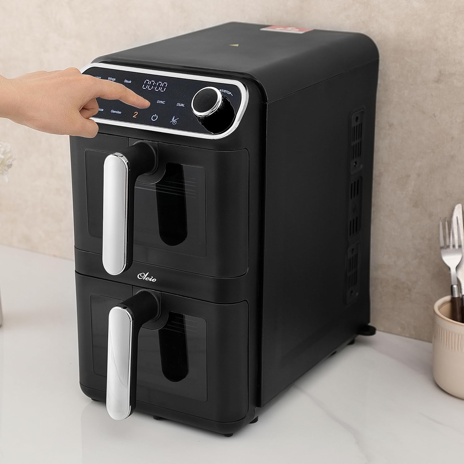 Oleio Maestro Airfryer Doppelkammer XXL Heißluftfritteuse 2 Kammern I 2460 W – Heißluftfritteuse mit Sichtfenster aus Glas I 11 LI Antihaftbeschichtung I Spülmaschinenfest I Platzsparend I Energiesparend – Bild 8
