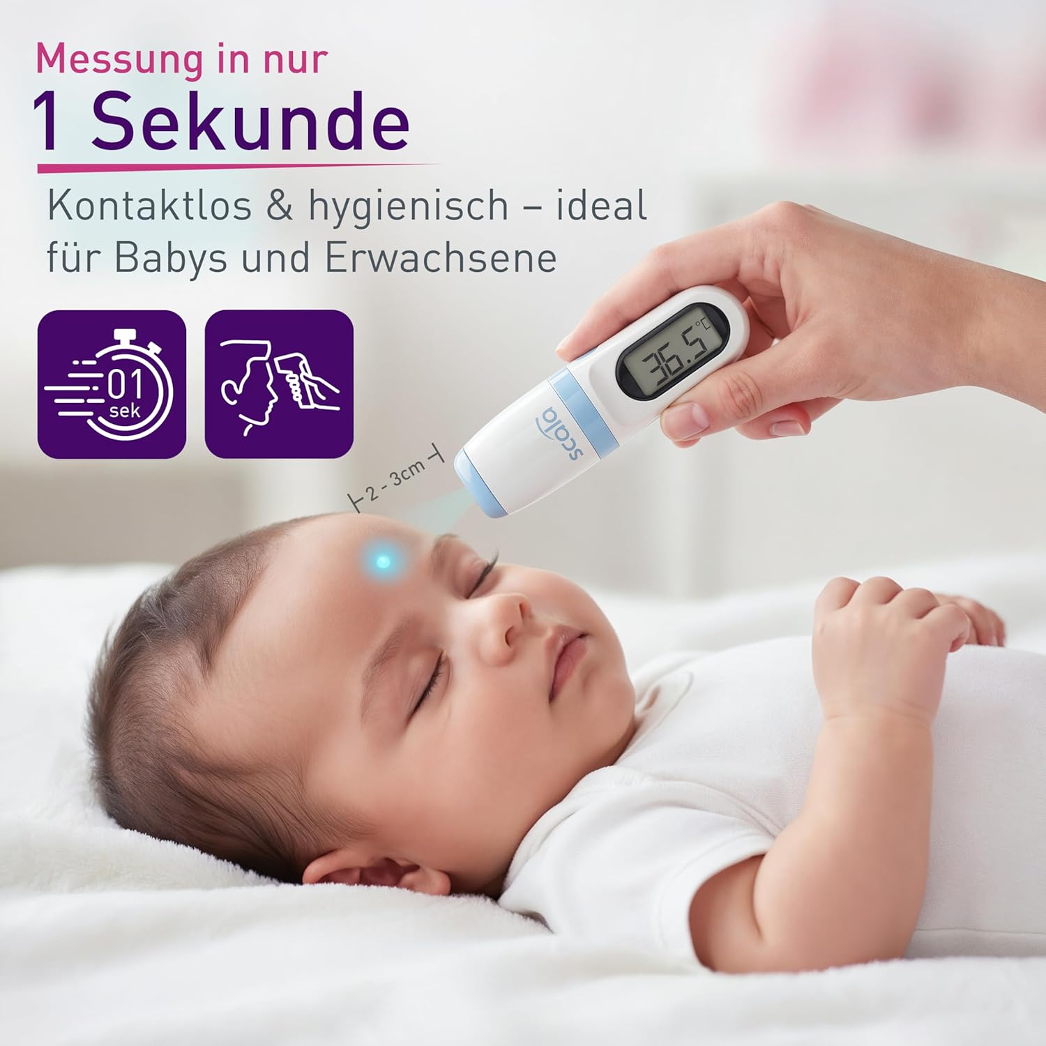 scala SC 8271 Infrarot-Fieberthermometer berührungslos – Stirnthermometer für Kinder und Erwachsene – Digitales Fiebermessgerät mit 1 Sekunde Messzeit, Signalton & Speicher für 9 Messwerte – Bild 2