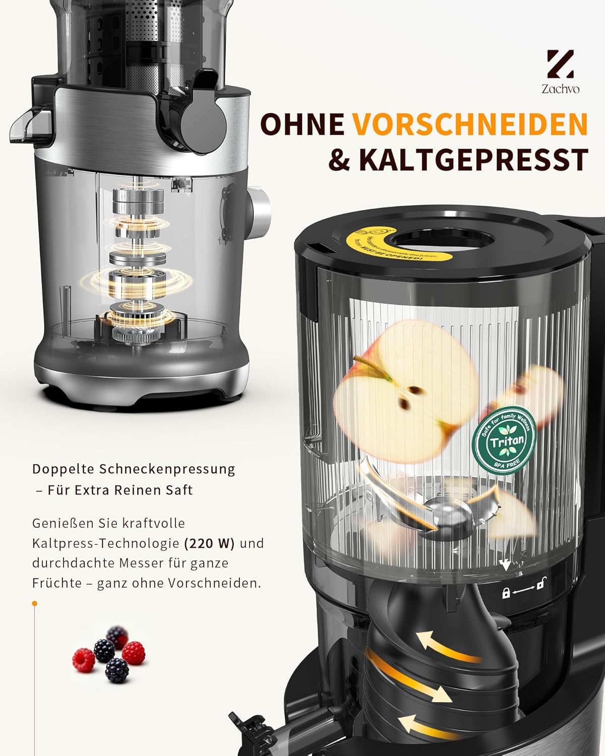 Entsafter, Slow Juicer mit 130 mm breitem Einfüllrohr für ganzes Gemüse und Obst, Testsieger, Tritan BPA-frei, 220 W elektrischer Entsafter, leicht zu reinigender Entsafter, inklusive Saftrezepten – Bild 3