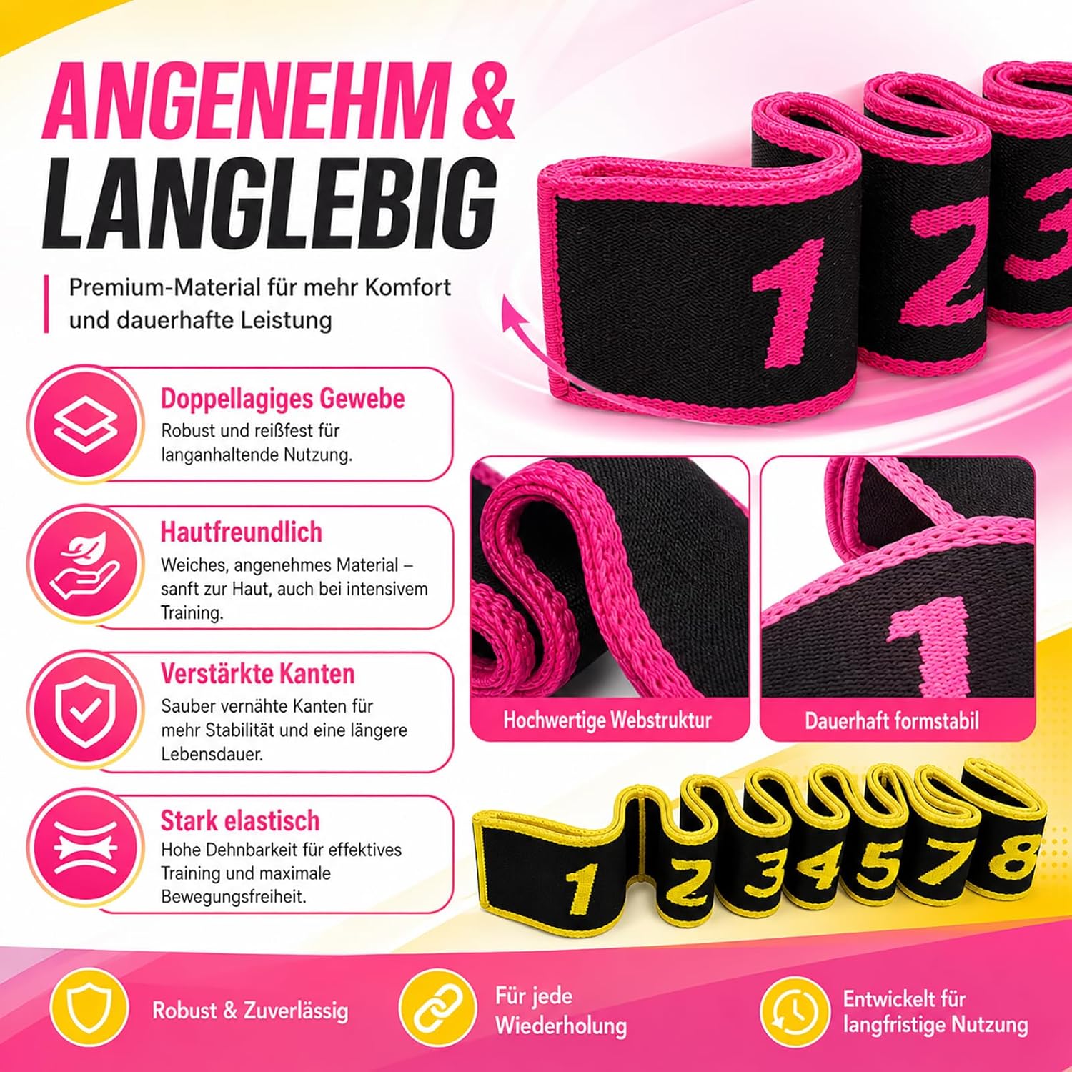 2er-Pack Gymnastikbänder mit Schlaufen, Fitnessbänder, Widerstandsbänder, 8 Schlaufen, verstellbares Theraband, Terraband-Bänder-Set für Yoga, Pilates, Physiotherapie, Krafttraining, Stoff-Stretchband (Rosa+Gelb) – Bild 3
