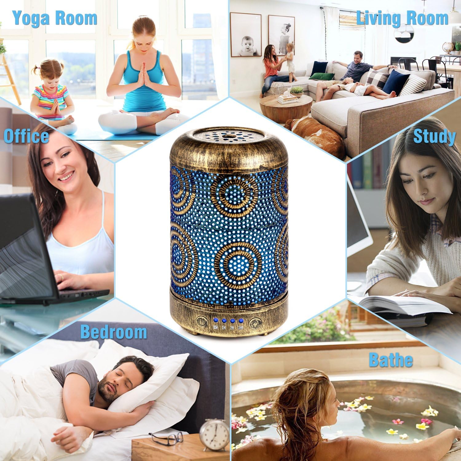 Salking Aroma-Diffusor-Luftbefeuchter, handgefertigter Metall-Diffusor für ätherische Öle, automatische Abschaltung, 7-Farben-Licht, Vintage-Aromatherapie für Baby, Heimbüro oder Yoga – Bild 7