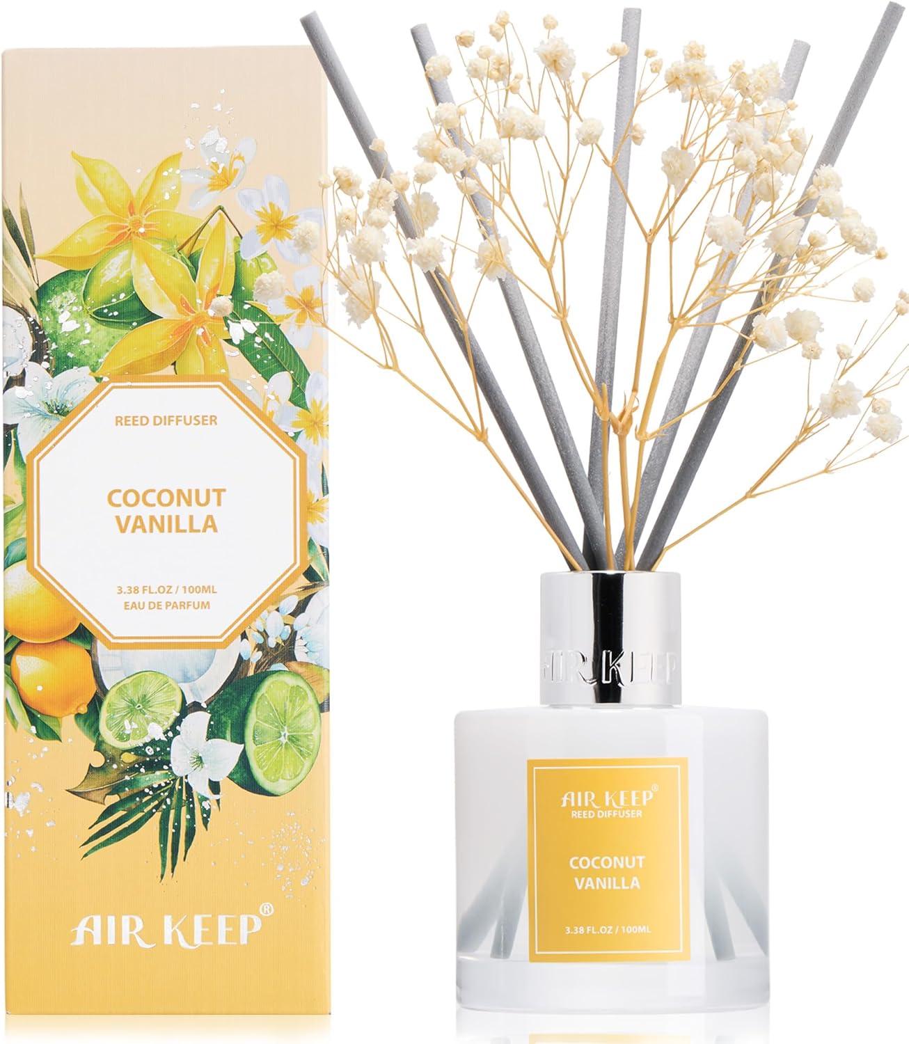 Airkeep Raumduft Coconut Vanilla – Schilfrohr-Diffusor mit 8 Duftstäbchen, langanhaltender Lufterfrischer für Badezimmer, Schlafzimmer & Wohnzimmer, stilvolle Heimdekoration, 100 ml