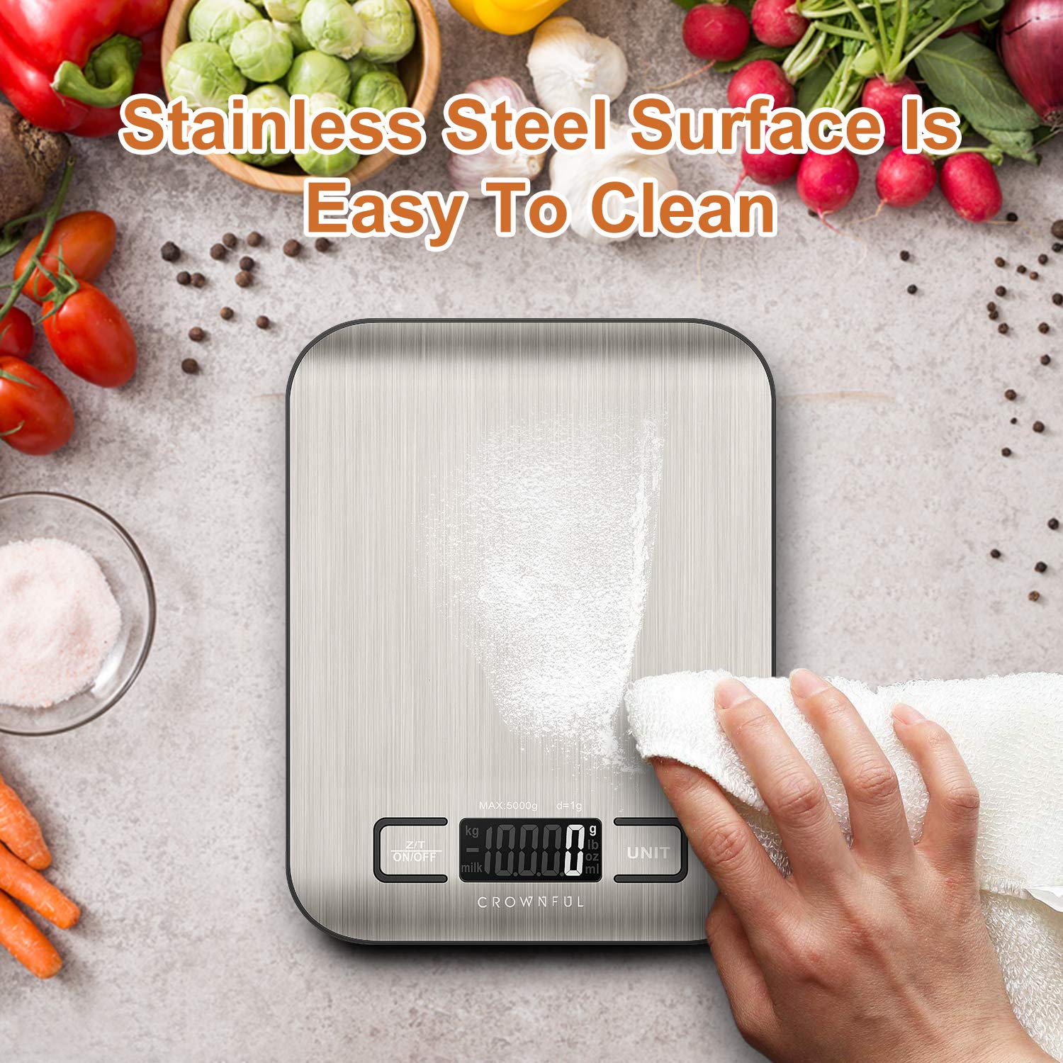 CROWNFUL Digitale Küchenwaage, 5 kg, Küchenwaage mit LCD-Display, Edelstahl-Digitalwaage, hohe Präzision bis 1 g, 5 Einheiten mit Tara-Funktion – Bild 9