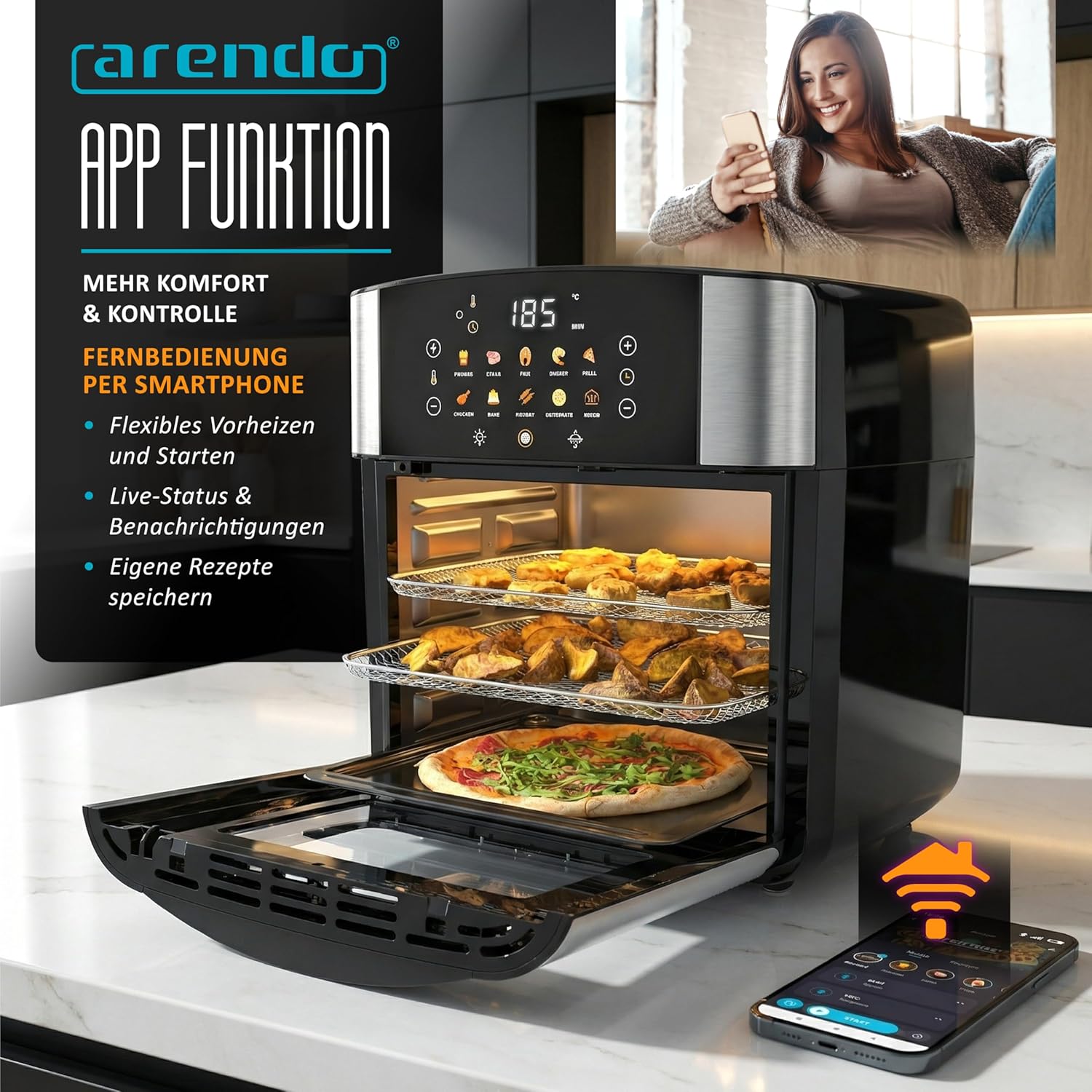 Arendo – XXL Smart WiFi Heißluftfritteuse – extra groß, 16 Liter – Ofenkonvektion – Grill – Dörrgerät – Luftfritteuse – Touchscreen – einfach und sauber – Fritteuse ohne Öl – Pizza-Hähnchen-Pommes – BPA-frei – Bild 3