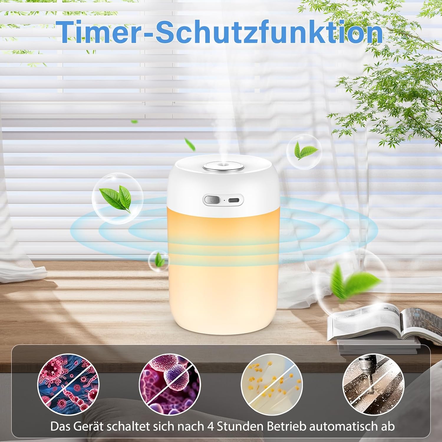 SZO Mini-Luftbefeuchter Schlafzimmer mit Nachtlicht, Luftbefeuchter, Füllung von oben, 2 Sprühmodi, leise, automatische Abschaltung, für Desktop, Babyzimmer, Büro, Pflanzen, Weiß – Bild 5
