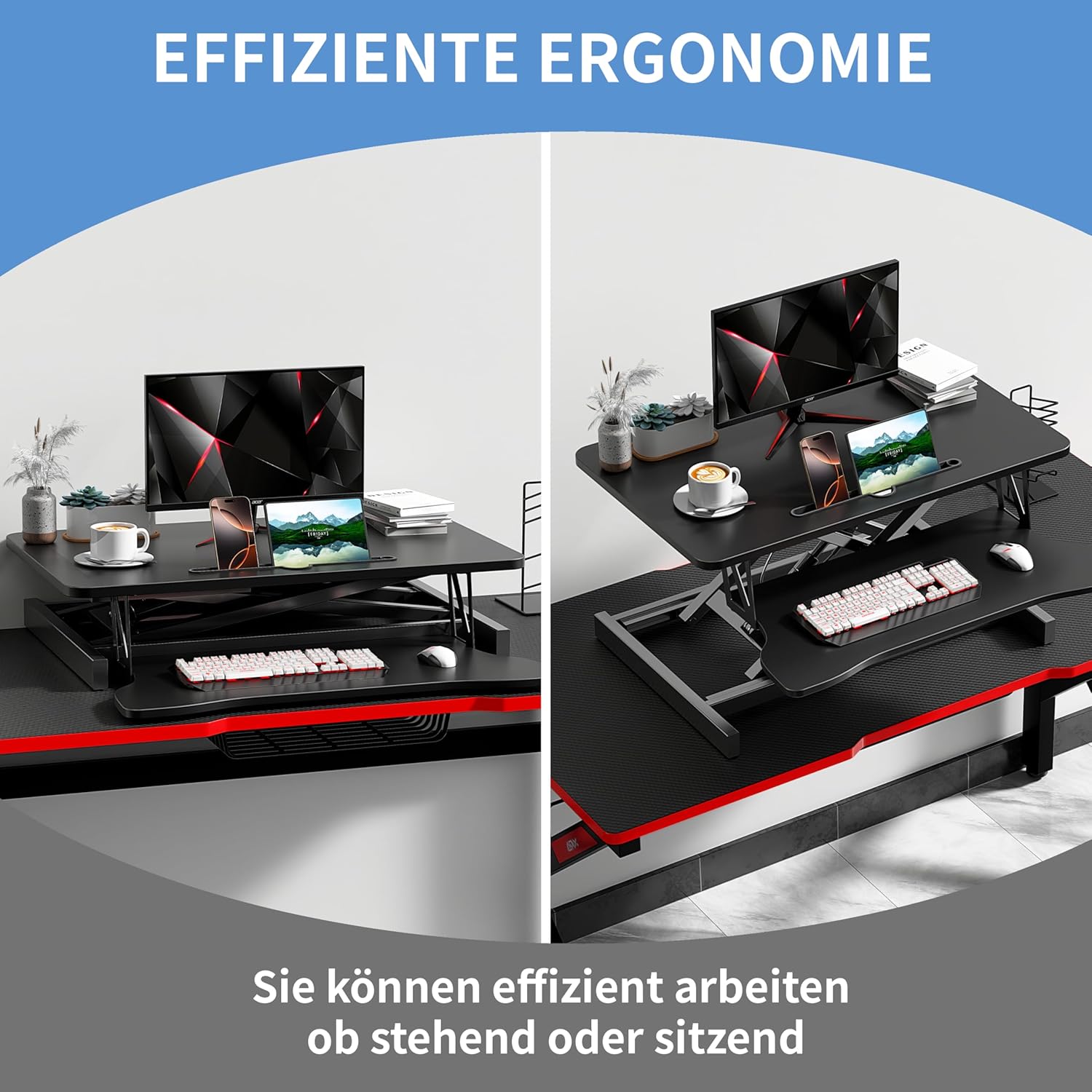 Steh-Sitz-Schreibtisch, Stehpult, ergonomisch höhenverstellbar, Arbeitsplatz für zwei Monitore und Laptops mit großer Tastaturablage, Steh-Sitz-Aufsatz für Büro (90 cm) – Bild 5