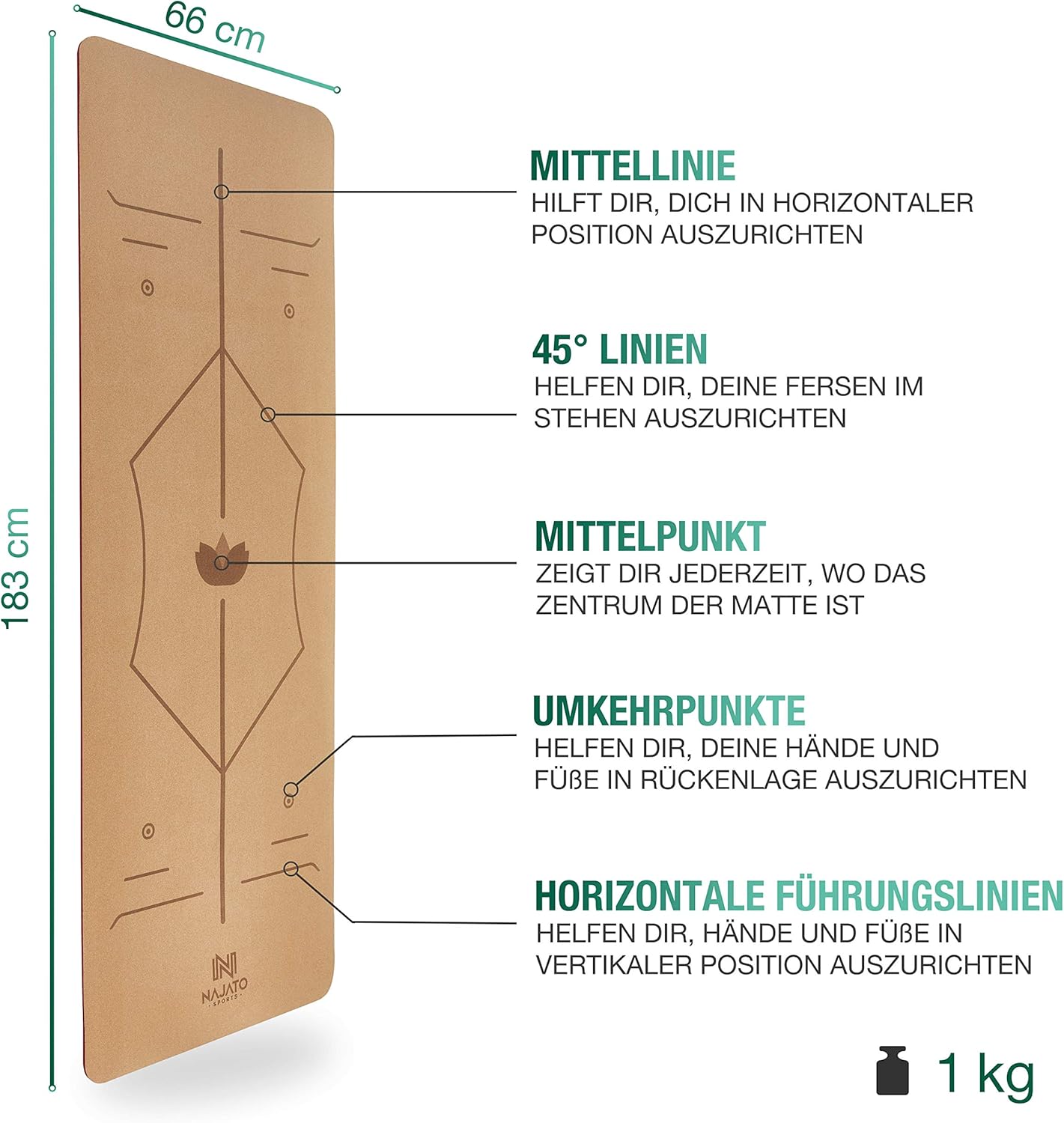 Najato Sports Yogamatte aus Kork – Rutschfeste Yogamatte aus Kork mit Yogagurt, Tragegurt und E-Book – Yogamatte aus Kork 183 x 65 x 0,6 cm – Nachhaltige Yogamatte aus Kork – Bild 2