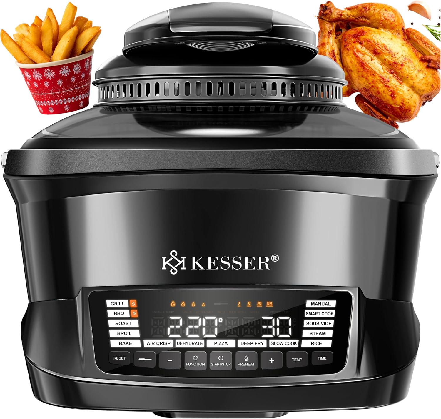 KESSER Multikocher mit Heißluftfritteuse 8 L & 16 Programme Küchengerät – Grillen, Backen, Dünsten, Vorheizen & Warmhalten Funktion, Reiskocher, Schongarer, Joghurtbereiter
