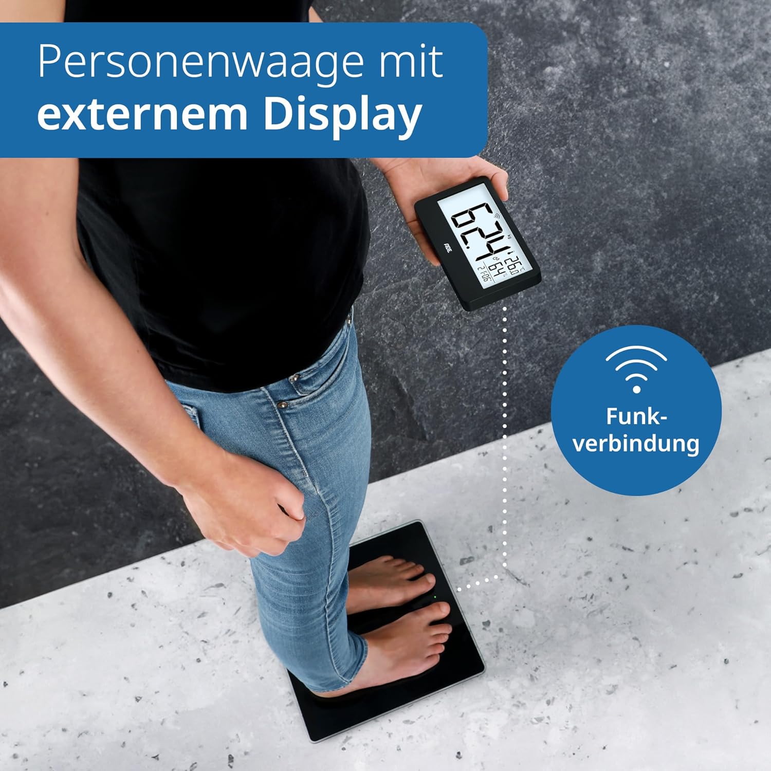 ADE Ronja Digitale Personenwaage mit kabelloser Anzeige bis 180 kg | Lesen Sie auf Augenhöhe, ohne sich zu bücken | Ideale Körperwaage für Senioren | mit Badeuhr, Hygrometer, Innenthermometer | Schwarz – Bild 2