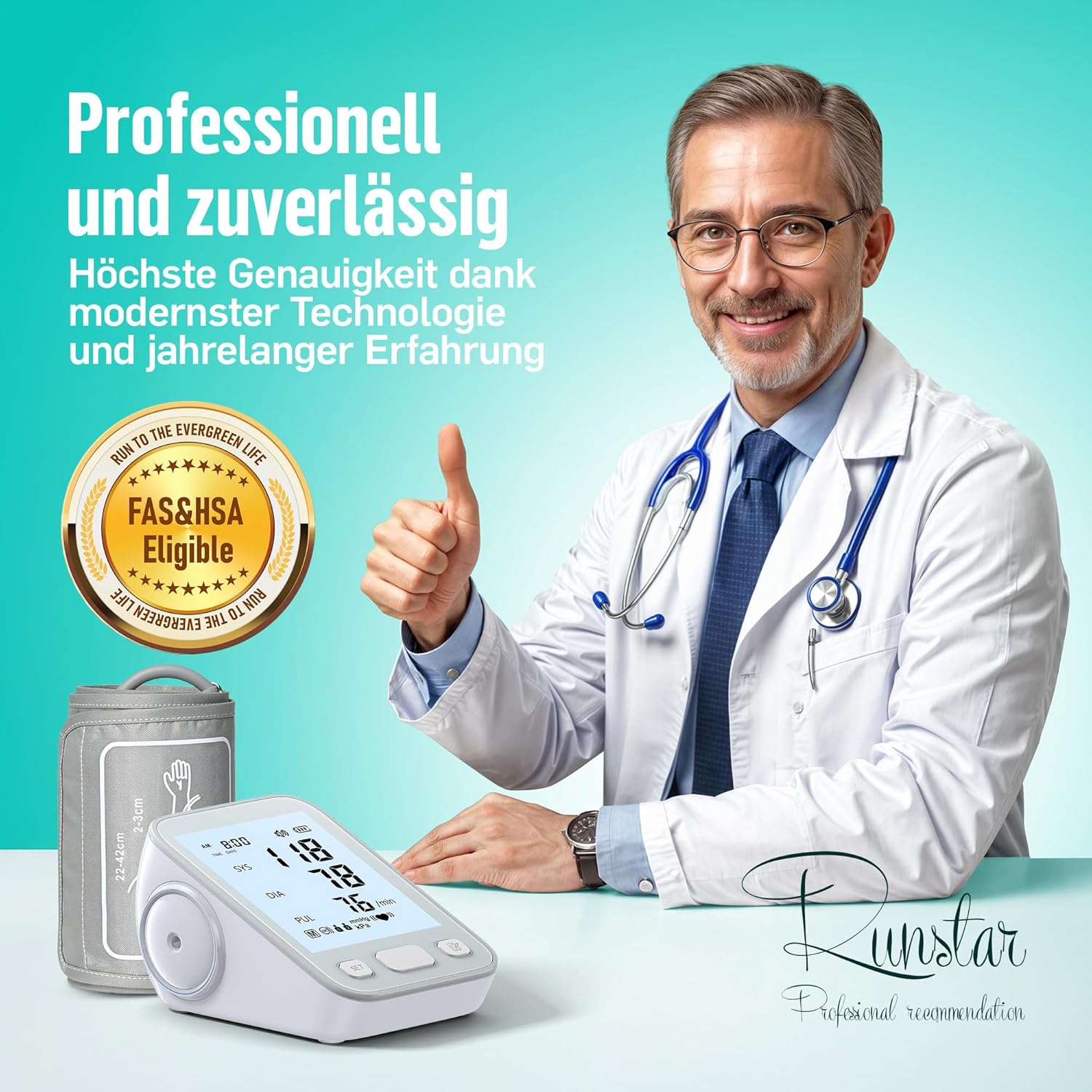 RunStar Oberarm-Blutdruckmessgerät mit breiter Manschette (22 cm – 42 cm) für den Heimgebrauch, automatisches digitales Blutdruckmessgerät mit Aufbewahrungstasche, 2 x 99 Messwertspeicher, grau – Bild 3
