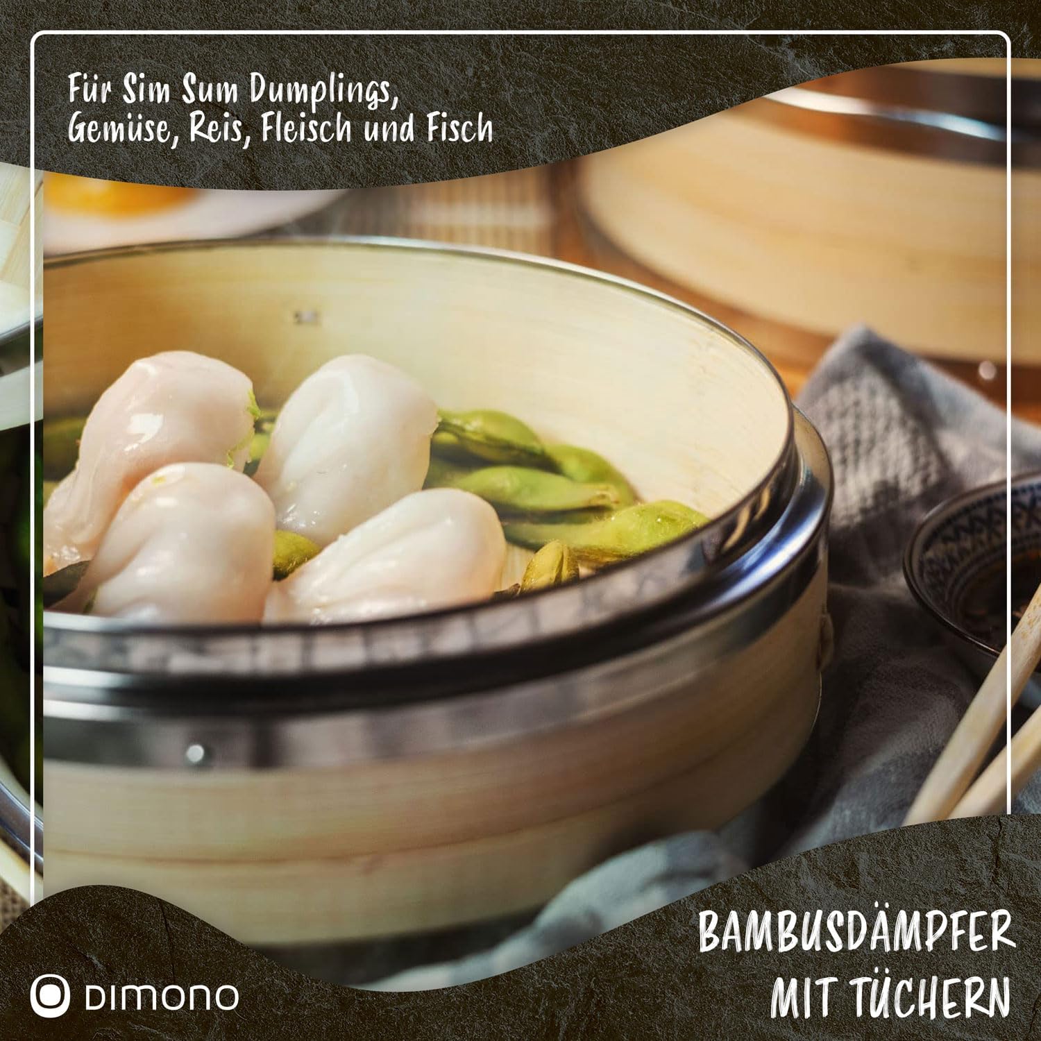 Dimono Bambusdampfgarer mit Edelstahl, 2 Etagen Bambusdampfgarer mit Deckel, Dampfgaraufsatz und Dampfgarkorb für Sim Sum Knödel, Gemüse, Reis, Fleisch und Fisch (Durchmesser 20 cm) – Bild 6