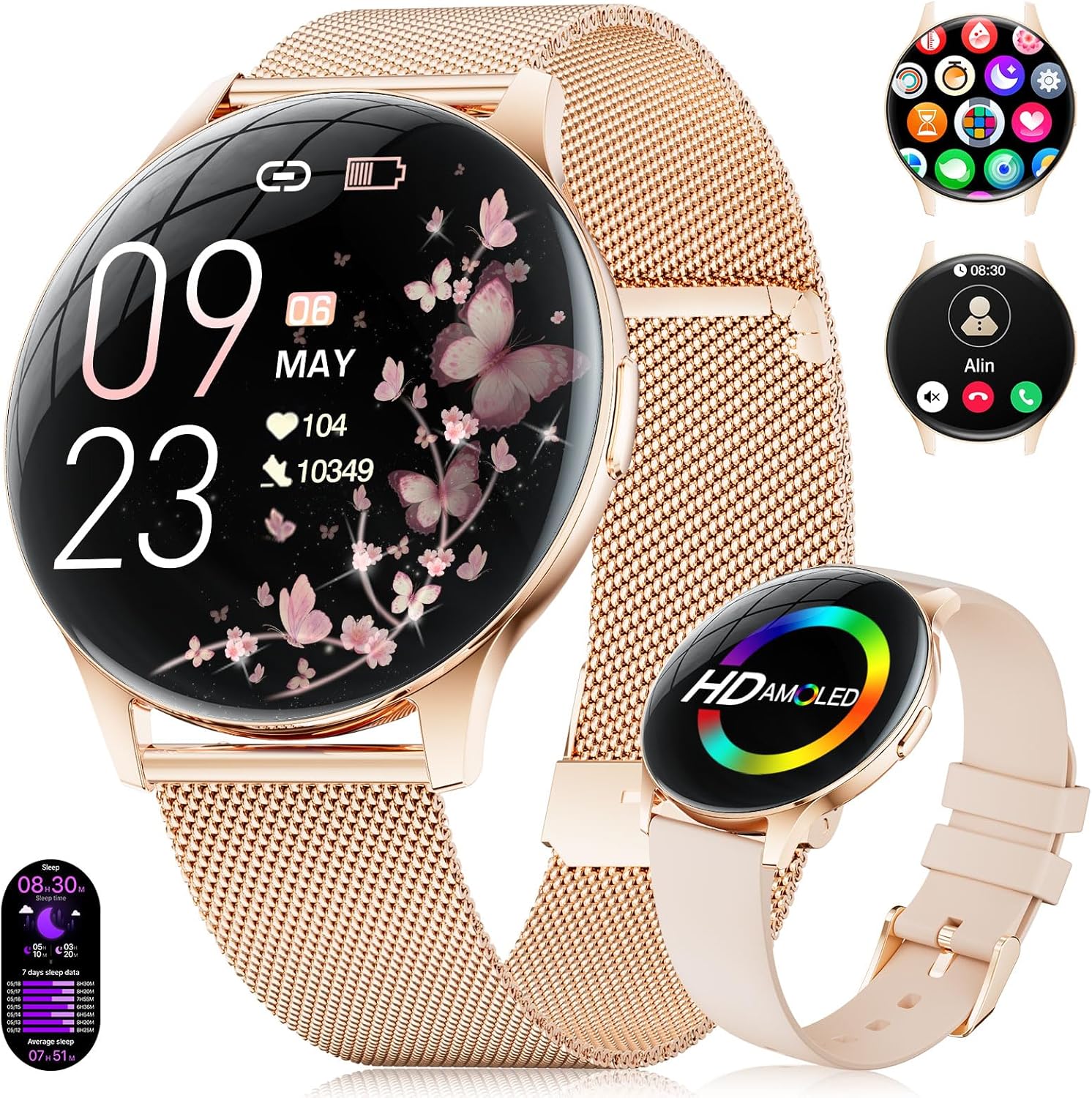 Damen-Smartwatch mit Anrufen – 7,99 mm ultradünne elegante Fitnessuhr mit 1,43 Zoll HD Always-On-Display, IP68 wasserdicht, 100+ Sportmodi, Damengesundheit für iOS Android, Roségold