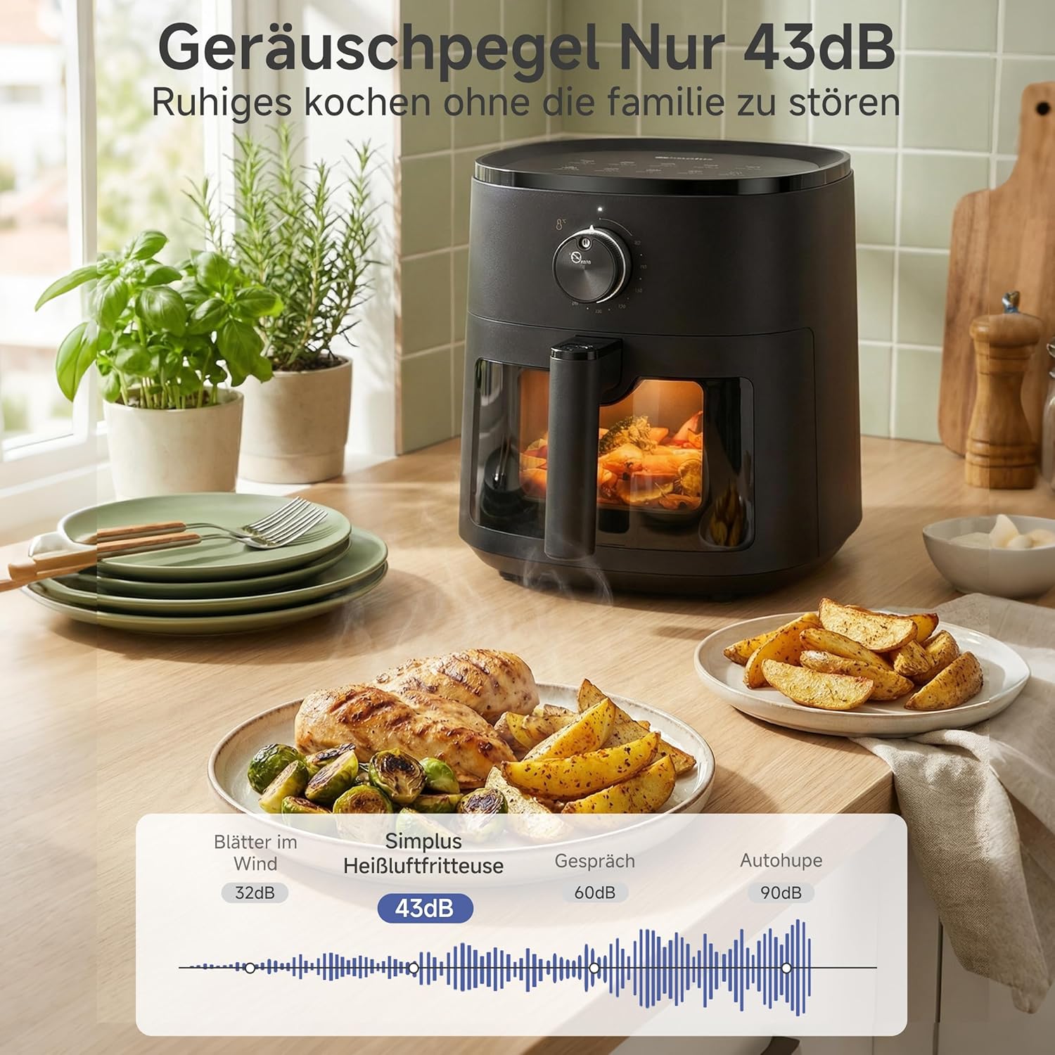 SIMPLUS Heißluftfritteuse 5L mit Sichtfenster, 1300W Airfryer, leise 43,2 dB, platzsparend, Heißluftfritteuse mit Dampffunktion, Antihaft-Korb, Drehknopf, 60-200°C – Bild 10