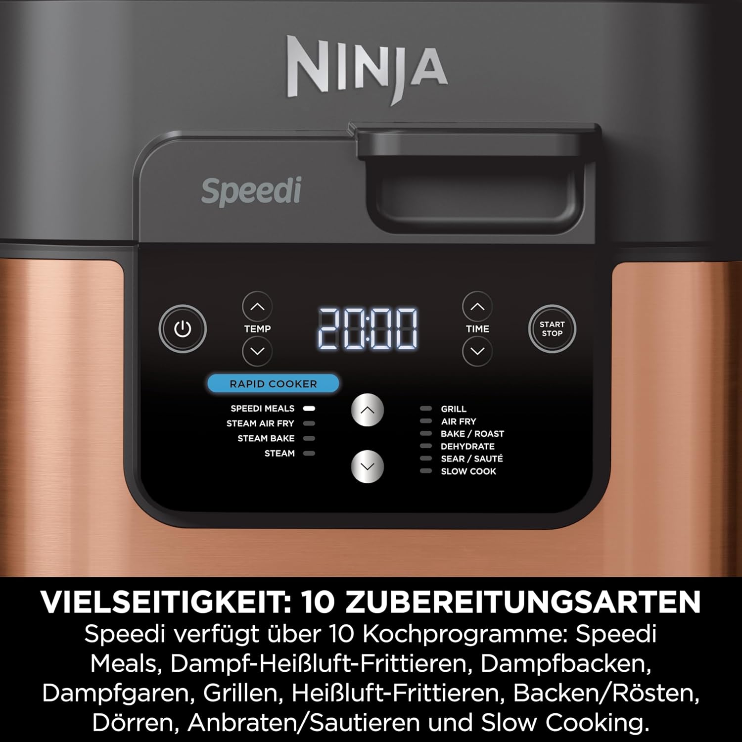 Ninja Speedi Multicooker, 5,7 l, 10-in-1-Multicooker, Airfryer-Heißluftfritteuse, Schongarer, langsames Kochen, Grillen, Backen, Schwarz und Kupfer ON400EUCP – Bild 8