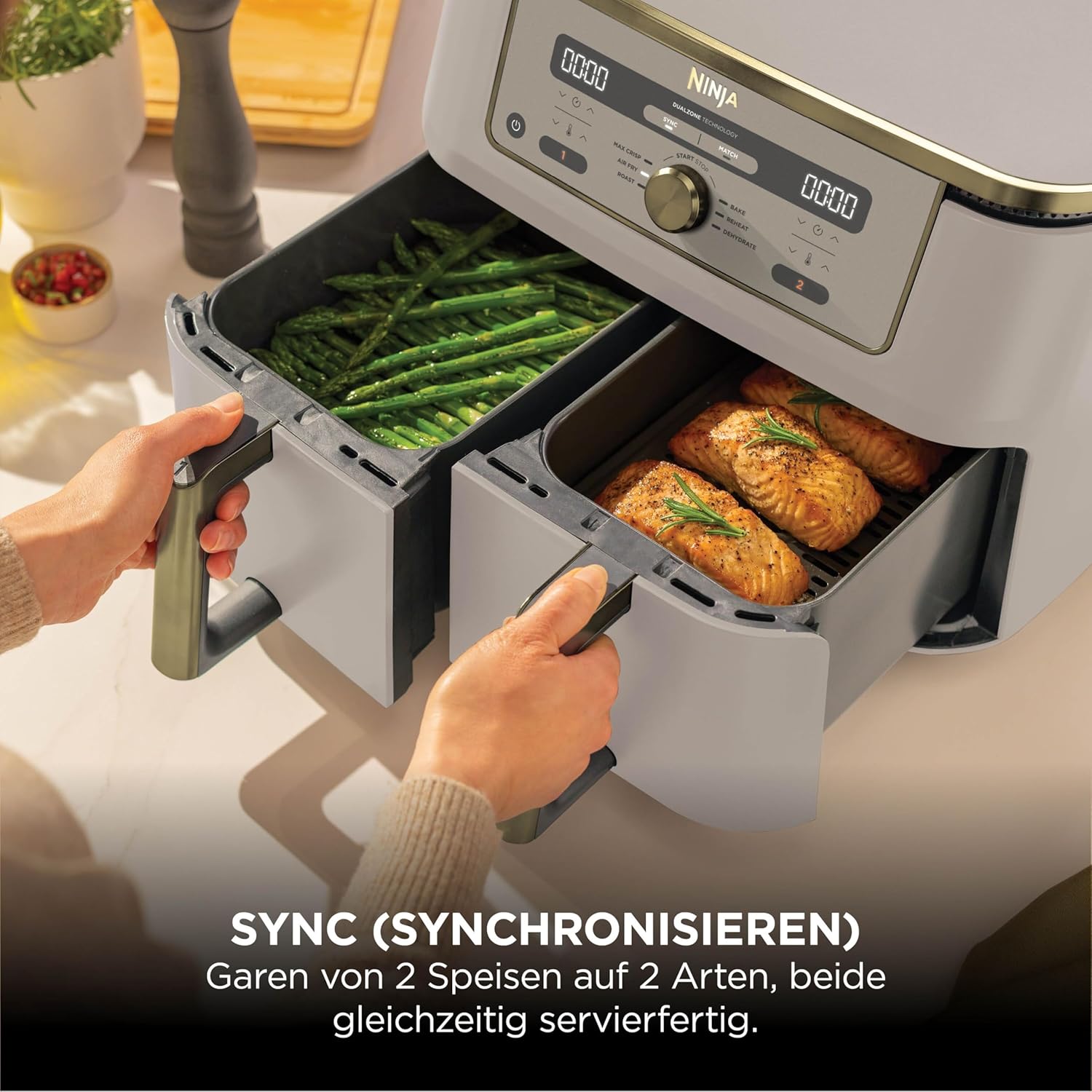 Digitale Dual-Zonen-Luftfritteuse von Ninja, 2 Schubladen, 6-in-1, Heißluftfritteuse, 9,5 l, Heißluftfritteuse, maximale Knusprigkeit, Braten, Backen, Aufwärmen, spülmaschinenfeste Körbe, Stein/Gold DZ400EUSTGD – Bild 3