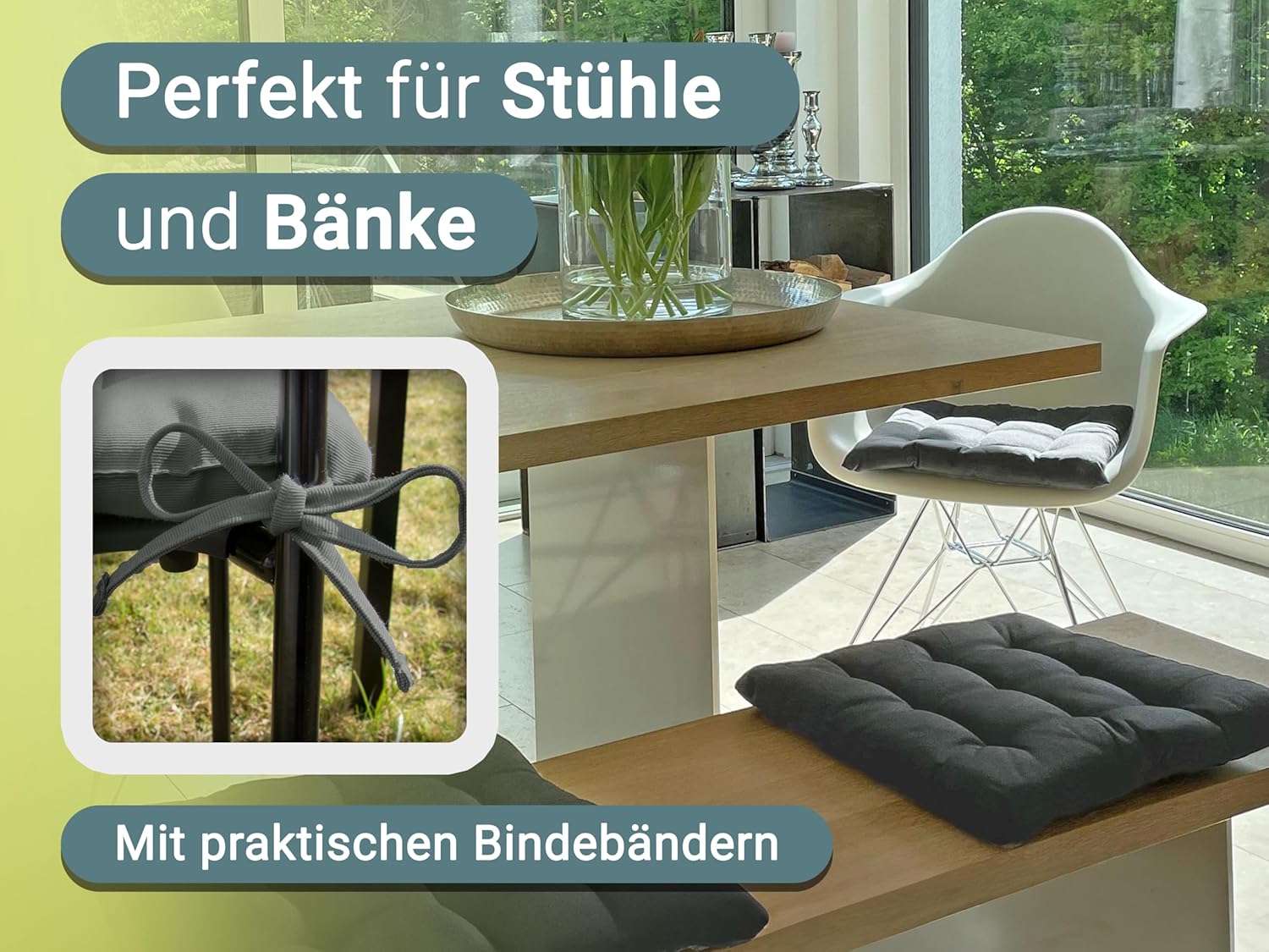 Zollner 4er-Set Stuhlkissen mit Bändern, 40 x 40 cm, Graphit – Bild 2