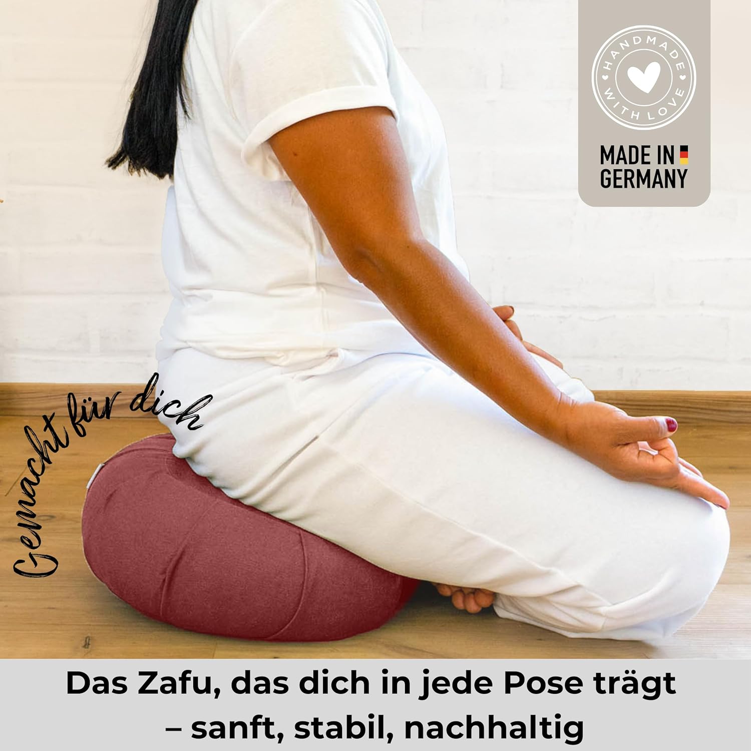 Innerer Frieden Zafu Meditationskissen | Yogakissen Bio-Dinkelfüllung | Yogakissen Halbmond | Hergestellt in Deutschland | Meditationskissen Halbmond | Waschbarer Bezug aus 100 % Bio-Baumwolle (Forest Berry) – Bild 5