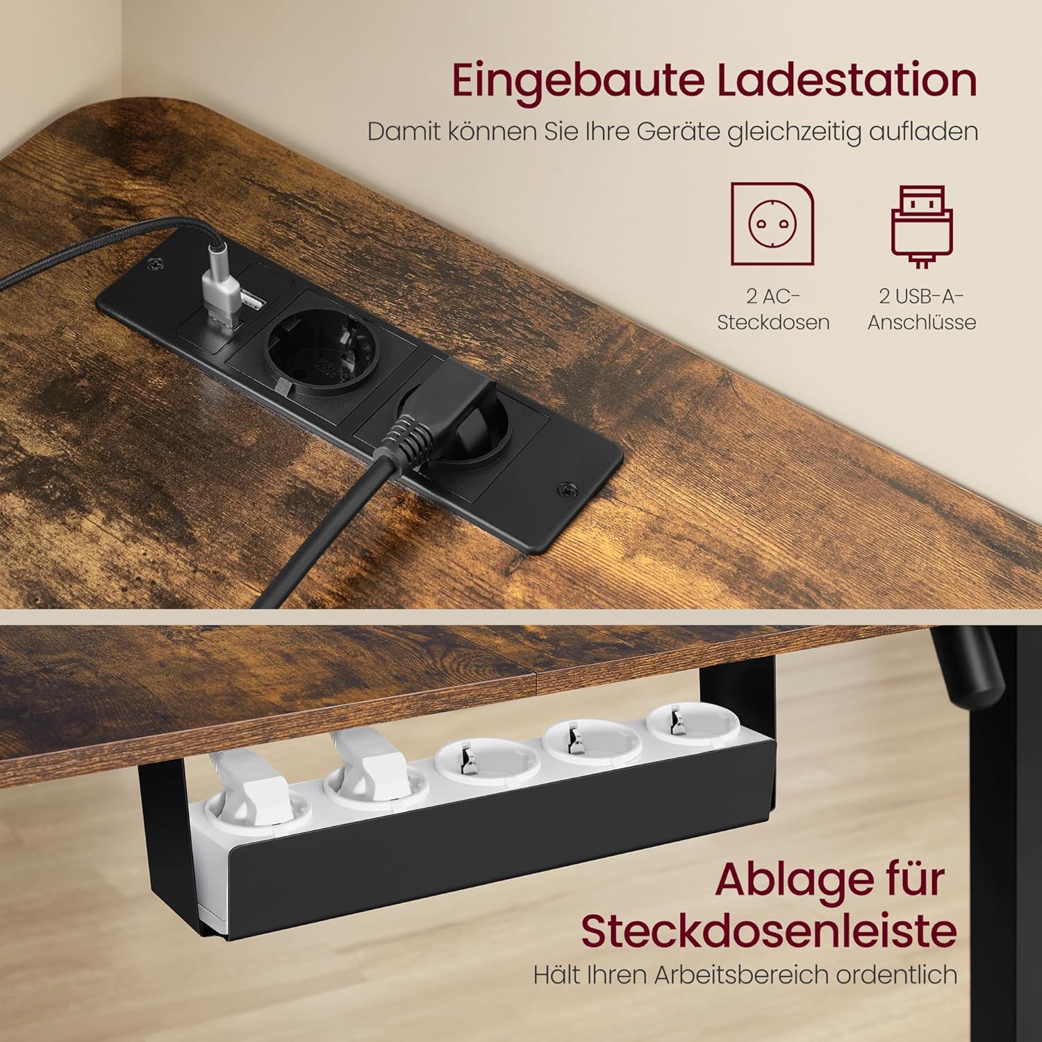 VASAGLE Höhenverstellbarer Schreibtisch, 190 x 155 cm, L-förmiger Eckschreibtisch, Stehpult, 2 AC-Steckdosen, 2 USB-A-Anschlüsse, Steckdosenleistenablage, für Büro, Vintage-Braun LSD295KD01 – Bild 6