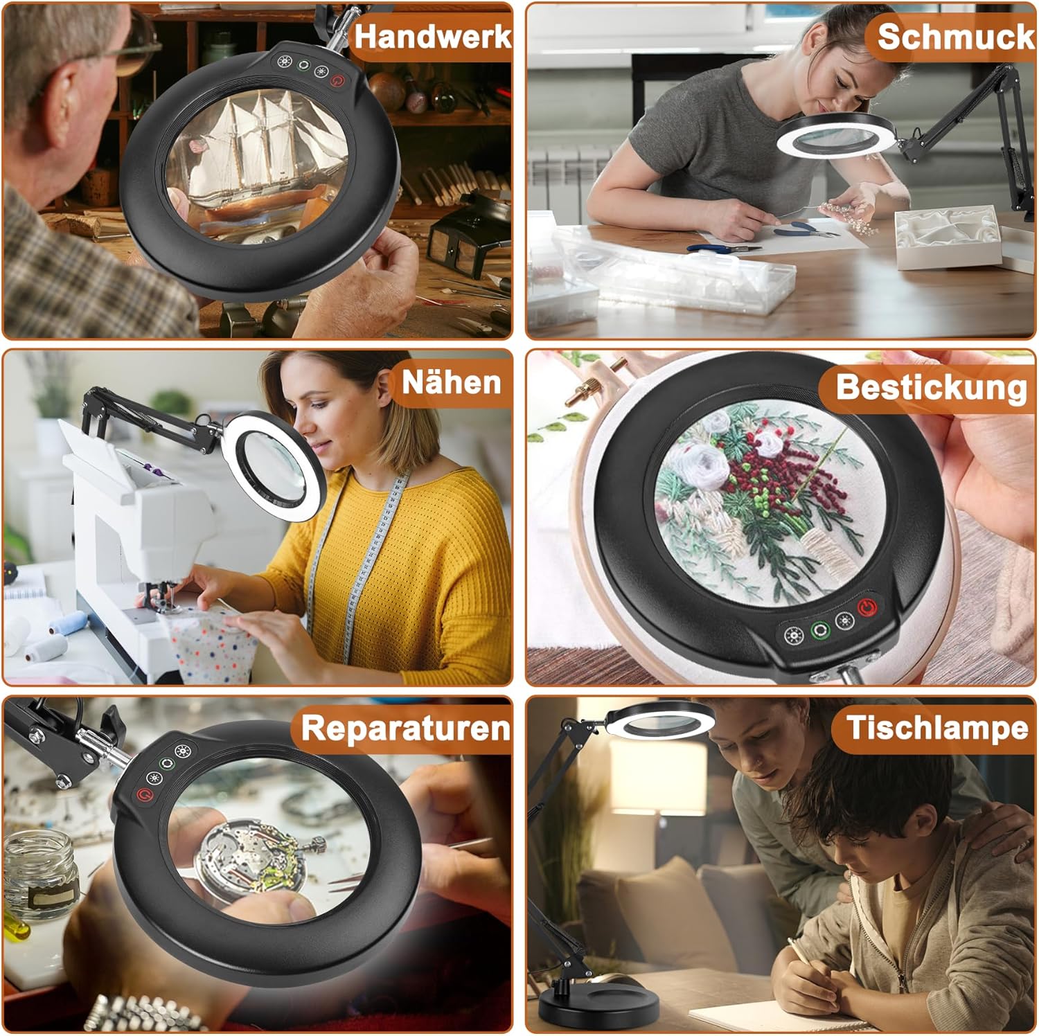 Veemagni 10-fache Lupe mit Licht, 5 Farbmodi, stufenlos dimmbar, 2-in-1-Schreibtischlampe und Klemme, LED-beleuchtete Lupe mit Licht und Ständer, freihändig für Handwerk, Hobby, Malen, Abschlussarbeiten – Bild 7