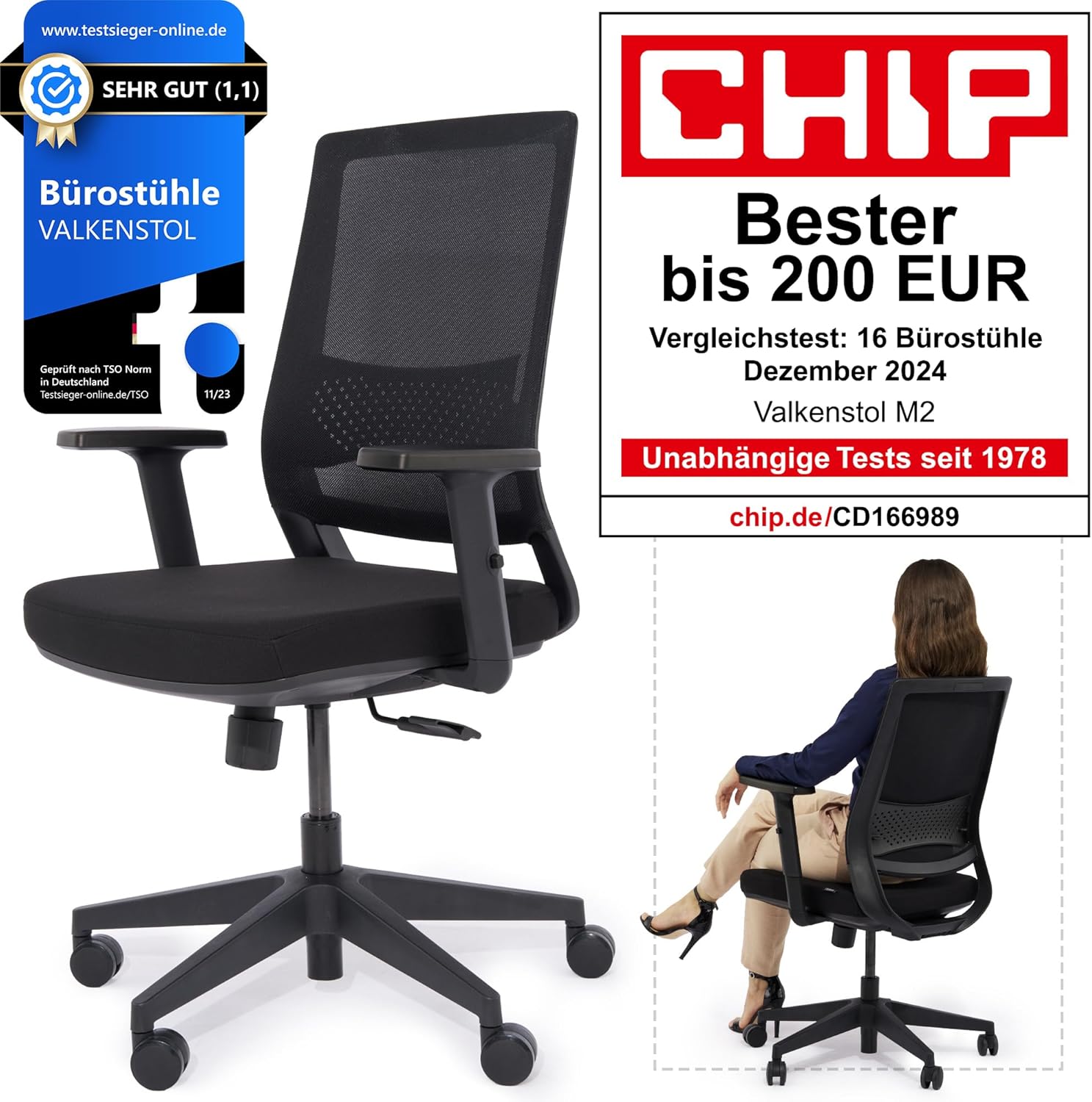 VALKENSTOL M2 Bürostuhl, ergonomischer Testsieger, verstellbar für maximale Bewegungsfreiheit, rückenschonende Bürostühle, Lordosenstütze, Schreibtischstuhl für Büro und Home-Office-Stuhl – Bild 9