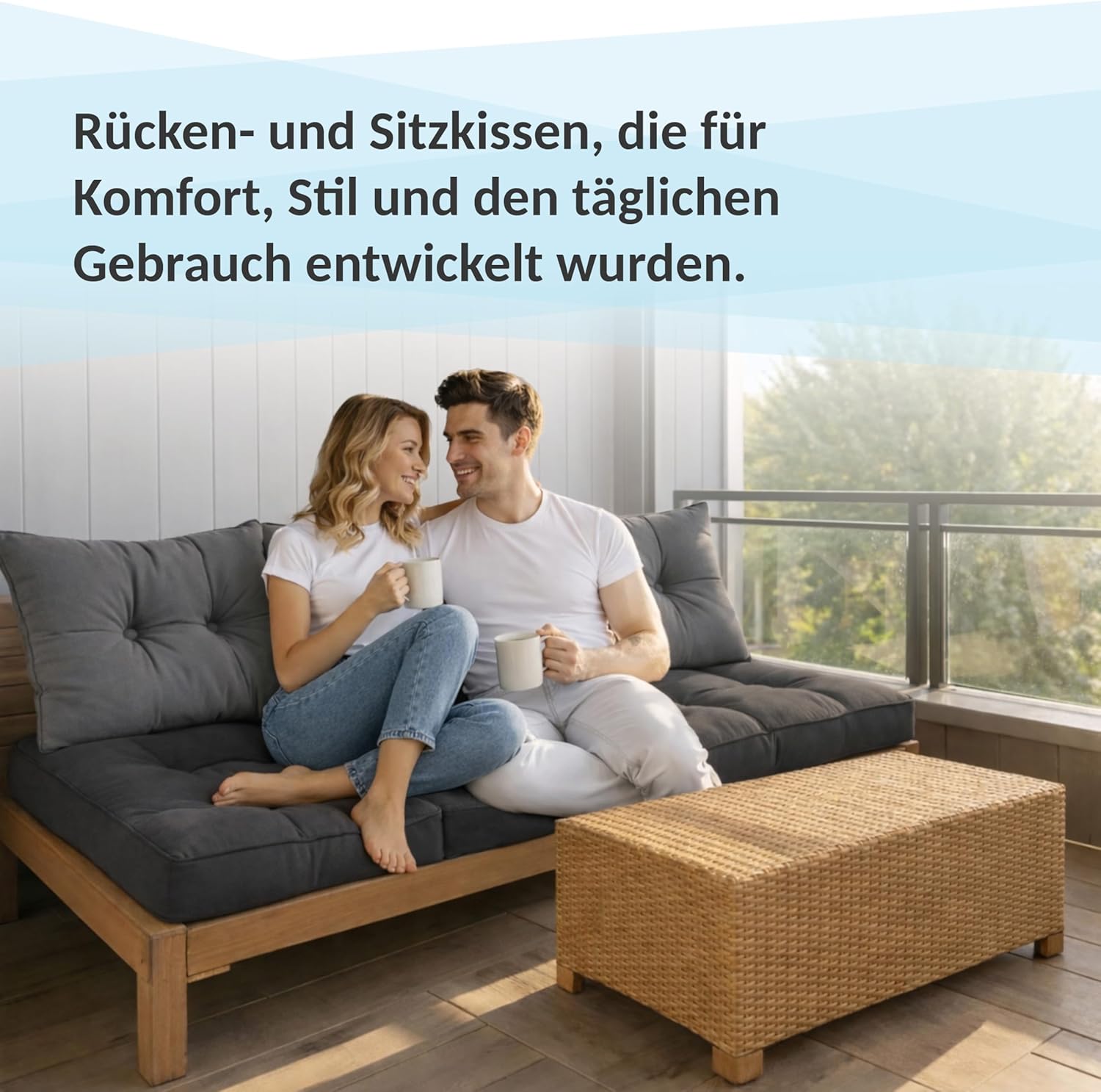POKAR 1 x Sitzkissen 50 x 50 x 10 cm + 1 x Rückenlehne 50 x 40 x 10 cm, wasserabweisende Outdoor-Lounge-Kissen für Gartenstühle und Rattanmöbel, Öko-Tex-zertifiziert, hergestellt in der EU, Anthrazit – Bild 9