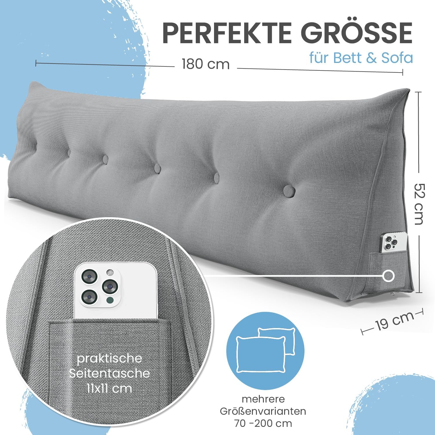 ELONEO Rückenkissen, 180 cm breit, Keilkissen, für Bett und Sofa, dreieckig, Lesekissen, abnehmbarer und waschbarer Bezug, praktische Seitentasche – Bild 3