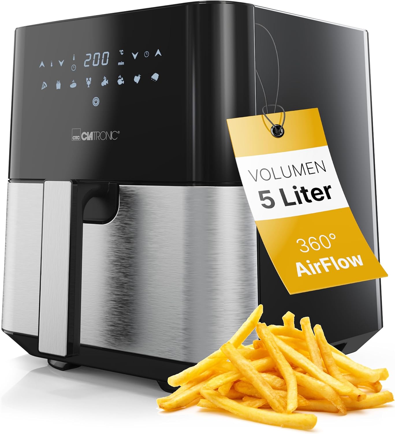 Clatronic FR 3782 H XXL Heißluftfritteuse – 5L Fritteuse | Heißluft für fettfreies Braten | Edelstahl-Airfryer mit digitalem Touchscreen | 360° Luftstrom | Heißluftfritteuse mit 8 Programmen