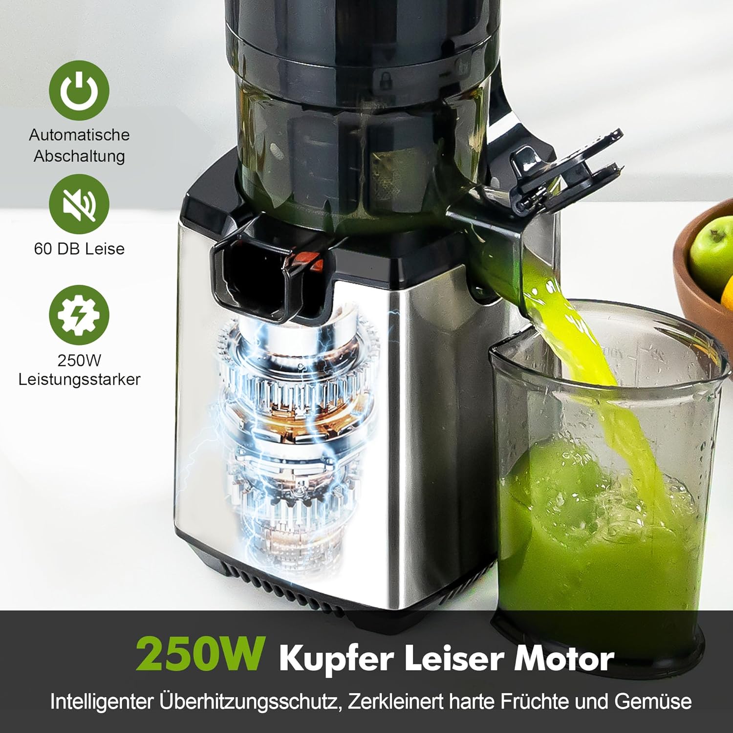 Fretta Juicer Slow Juicer, Edelstahl-Entsafter Gemüse und Obst Testsieger, 135 mm Öffnung und 1,8 l Entsafter-Maschine mit Umkehrfunktion, einfache Installation, leicht zu reinigen, 100 % BPA-frei, 250 W – Bild 4