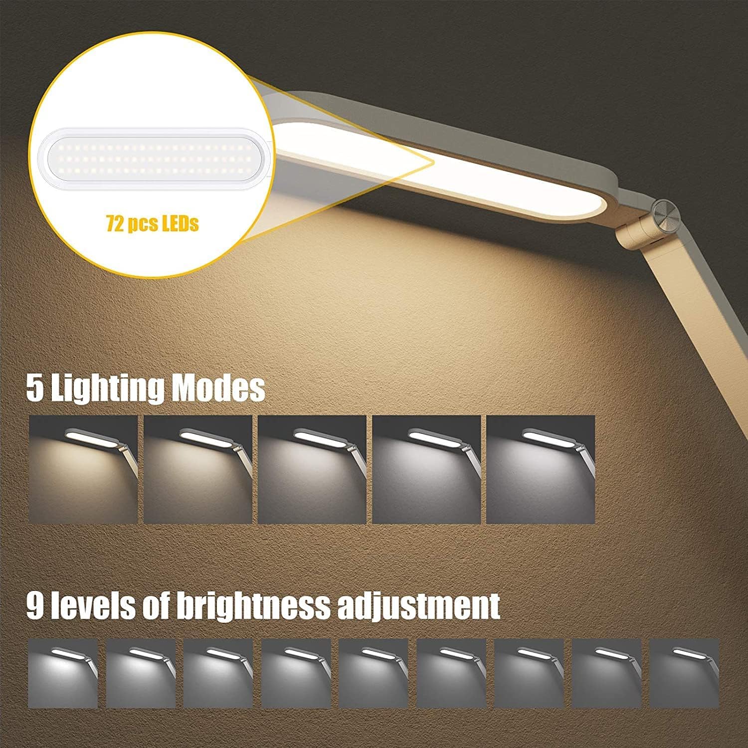 JKSWT Schreibtischlampe, für die Augenpflege, dimmbare Tischlampe mit 5 Farbmodi, 72 LEDs mit USB-Ladeanschluss, Touch-Steuerung und Speicherfunktion, Bürolampe – Bild 2