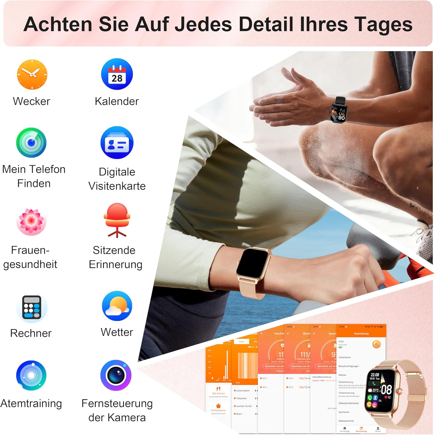LODIMEKE Smartwatch Herren Damen Telefonfunktion Blutdruck Herzfrequenz Schlaf 1,96 Zoll AI Fitnessuhr 100+ Sportmodi, IP67 Wasserdicht Schrittzähler Wecker Rechner Visitenkarte iOS Android – Bild 7