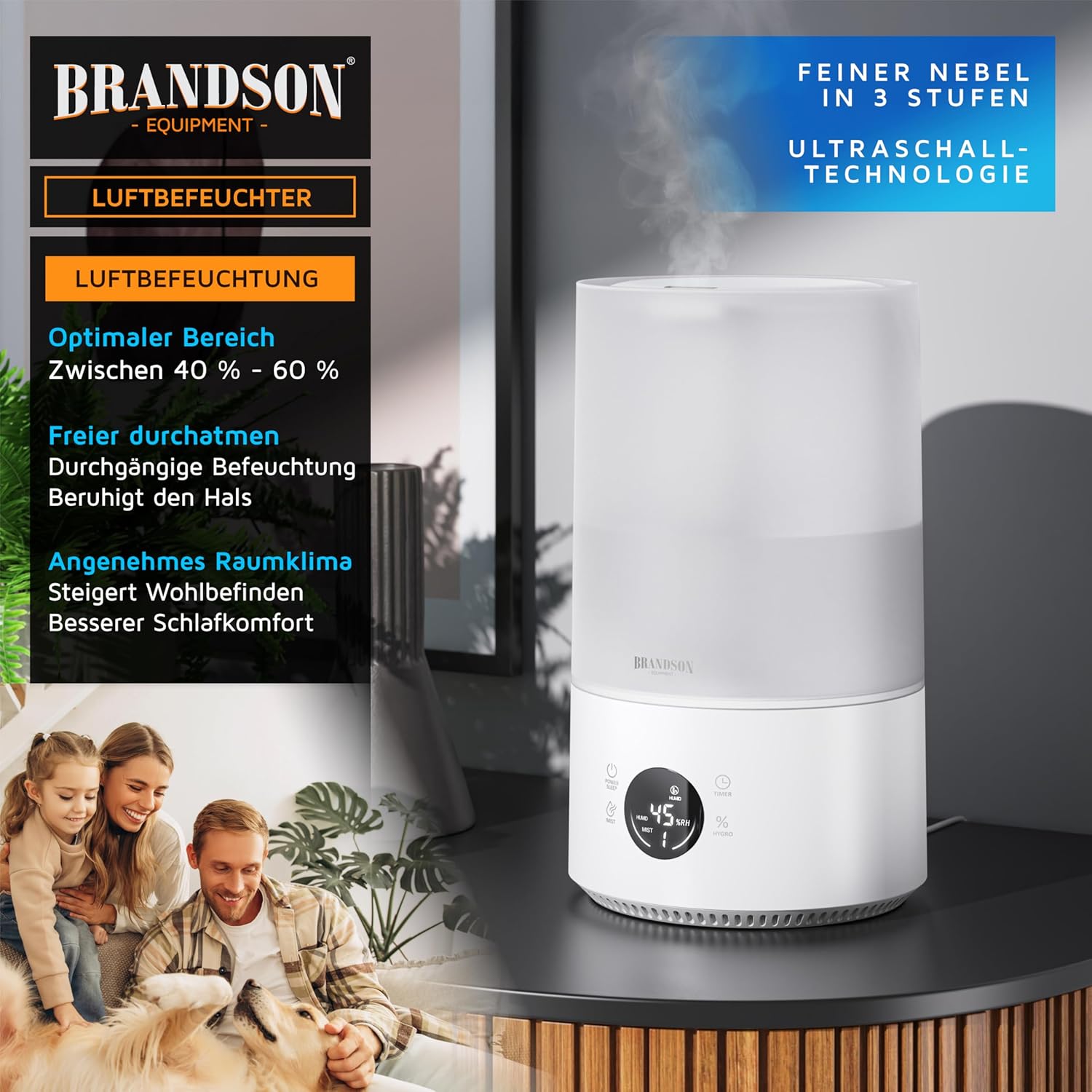 Brandson – Digitaler Luftbefeuchter mit Display – mit Fernbedienung – 4,2 Liter – Timer – 3 Nebelstufen – Schlaffunktion sehr leise – Schlafzimmer, Baby, Kinderzimmer, Büro – Bild 5