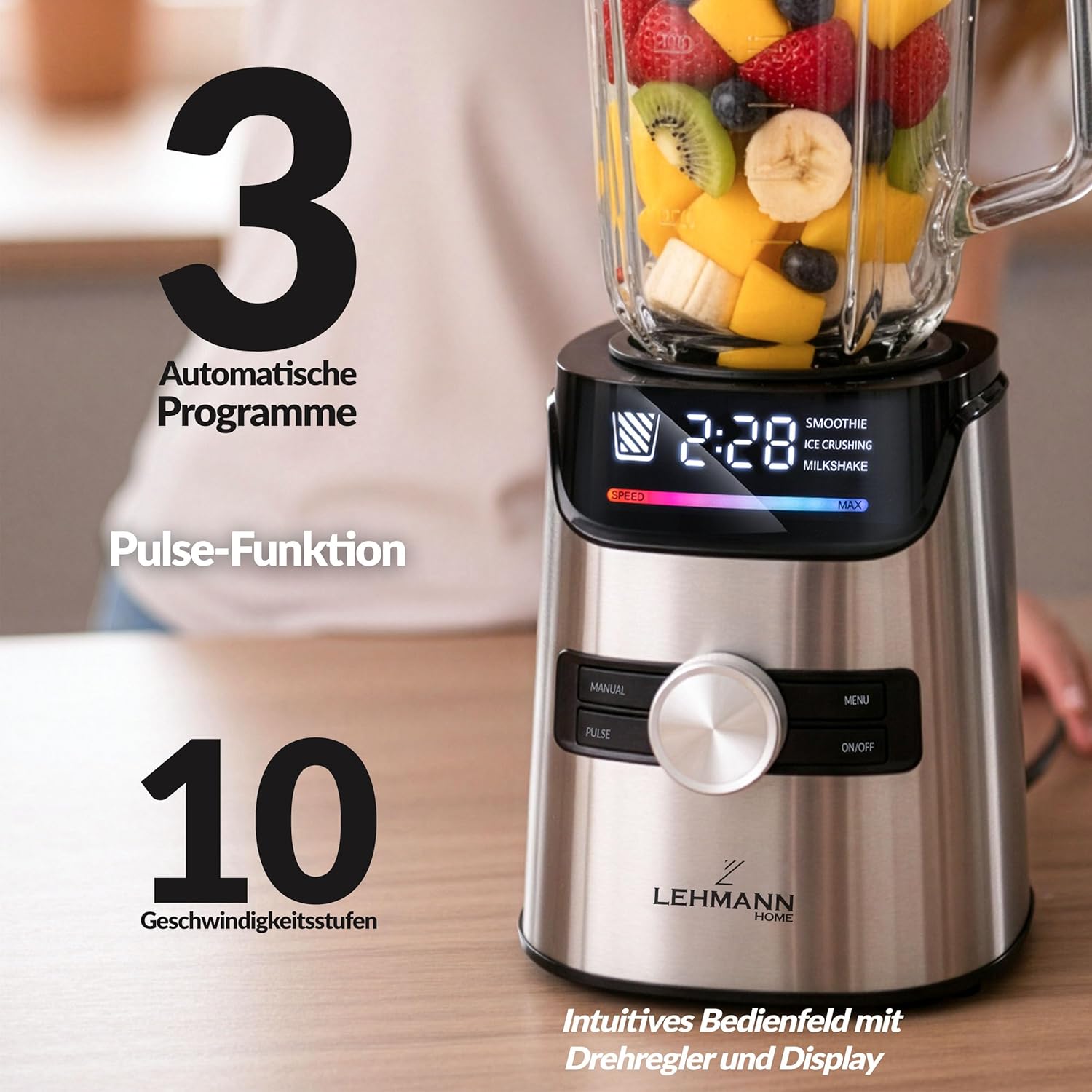 LEHMANN Standmixer 3-in-1 mit Glasbehälter 1,7 L, To-Go-Trinkflasche & Mahlwerk, 10 Geschwindigkeiten, Pulse, 3 Programme für Smoothie, Milchshake, Ice Crush, spülmaschinenfeste Teile, 1400 W – Bild 5