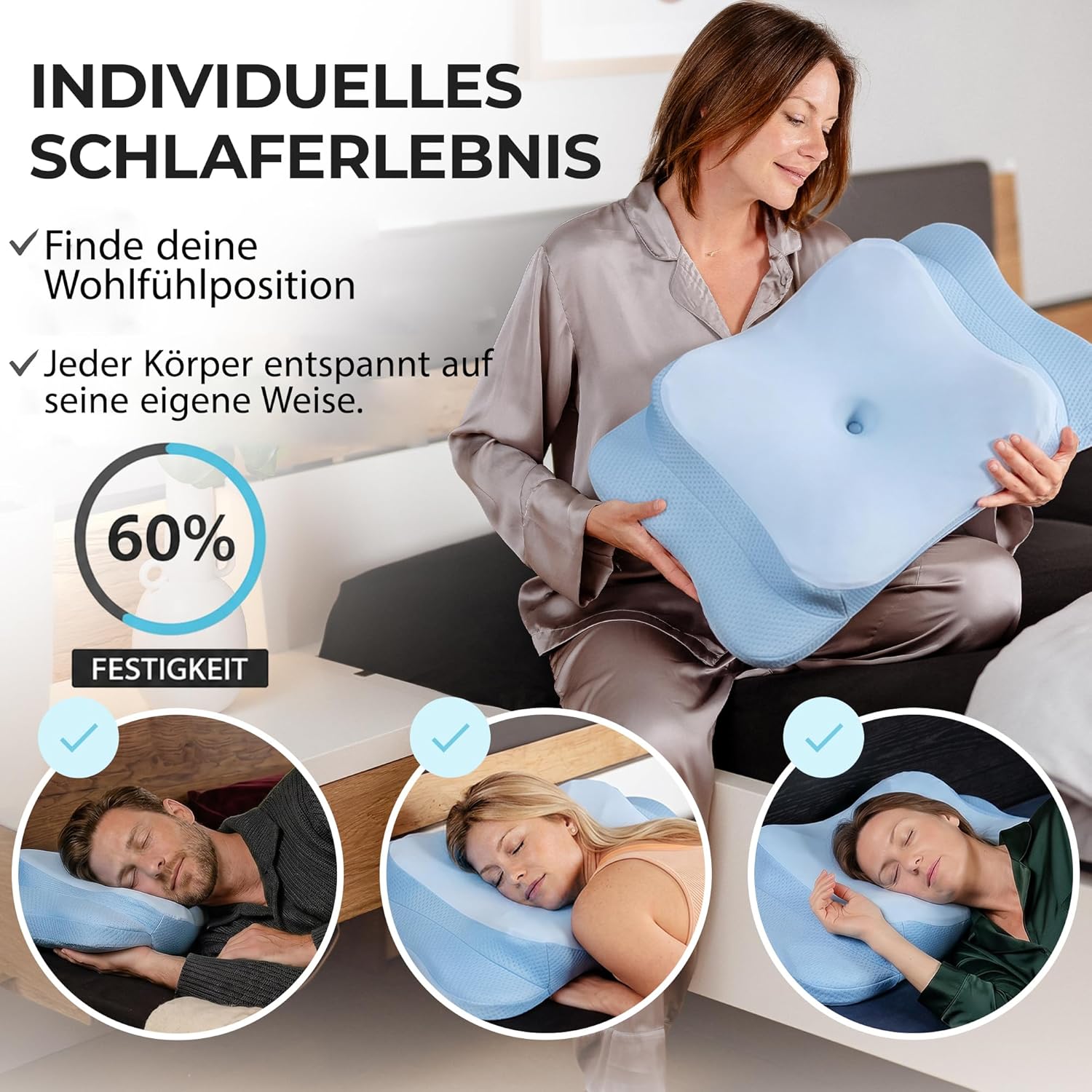 Orthopädisches Kissen – Nackenstützkissen, ergonomisches Memory-Schaum-Kissen für alle Schlaftypen, inklusive hochwertigem Bezug, kühlende Wirkung, blau – Bild 6