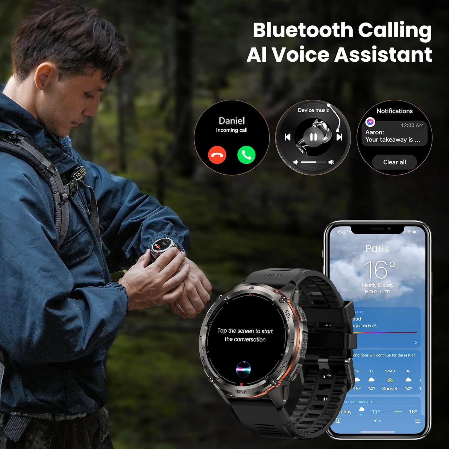 KOSPET Tank 3 Ultra 2 Smartwatch Herren mit GPS,60+ Tage Akku, 1.43" AMOLED, 5ATM Wasserdicht,Bluetooth-Anrufe, KI-Sprachassistent,24/7 Herzfrequenz, SpO2, Schrittzähler(Schwarz) – Bild 8