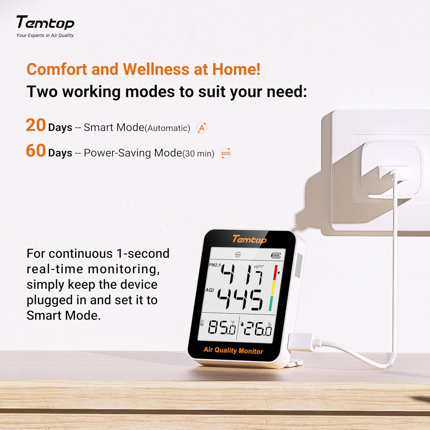Temtop S1-UP Luftqualitätsmessgerät PM2,5, AQI, Temperatur und Luftfeuchtigkeit, extrem lange Batterielebensdauer von 100 Tagen, ideal für Zuhause und Büro – Bild 8