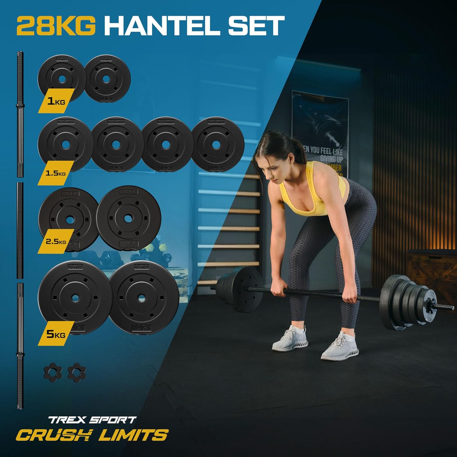 TREX SPORT Langhantelset 28 kg | Hantelset mit Langhantelstange 150 cm aus Stahl und 12 Hantelscheiben aus Kunststoff in Schwarz mit mattem Finish | Für das Krafttraining zu Hause – Bild 2
