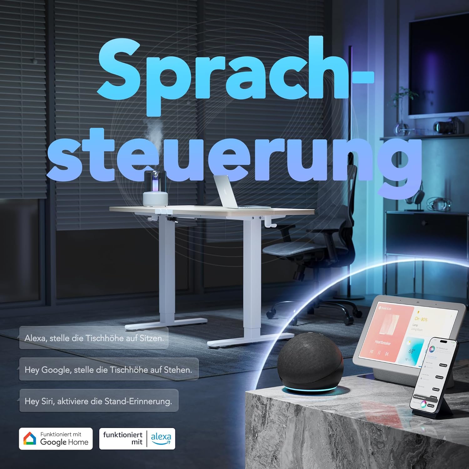 HUANUO AI-gesteuerter elektrischer Stehschreibtisch 120 x 60 cm mit Smart App, funktioniert mit Alexa & Google, höhenverstellbar, 6 Speicherstufen, Sitzerinnerung, ergonomisch – Bild 4