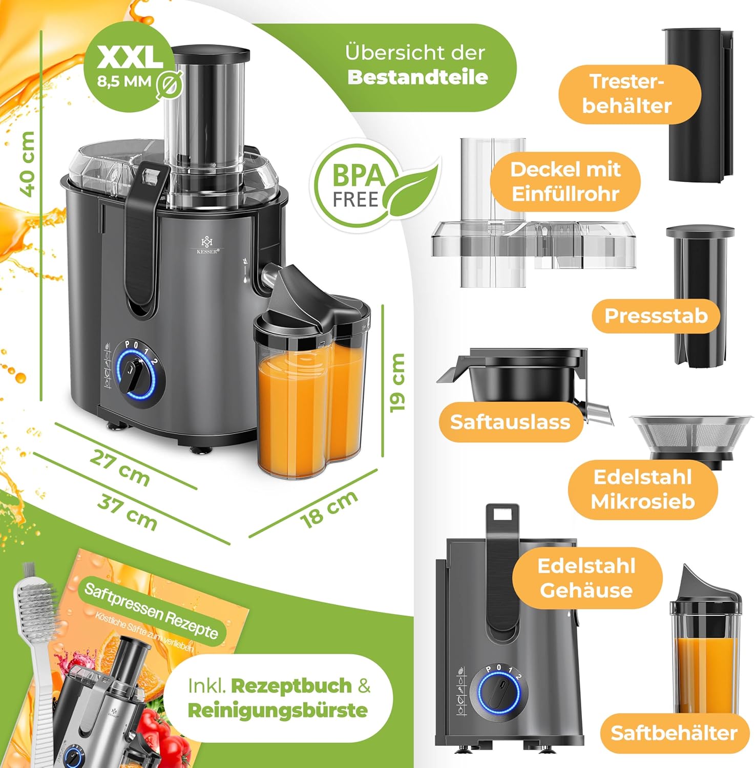 KESSER Zentrifugen-Entsafter für Obst, Gemüse aus Edelstahl, 1100 W, großes Einfüllrohr, 3 Ebenen, elektrischer Zentrifugal-Entsafter + Bürste, Saftbehälter, Rezeptbuch anthrazit – Bild 8