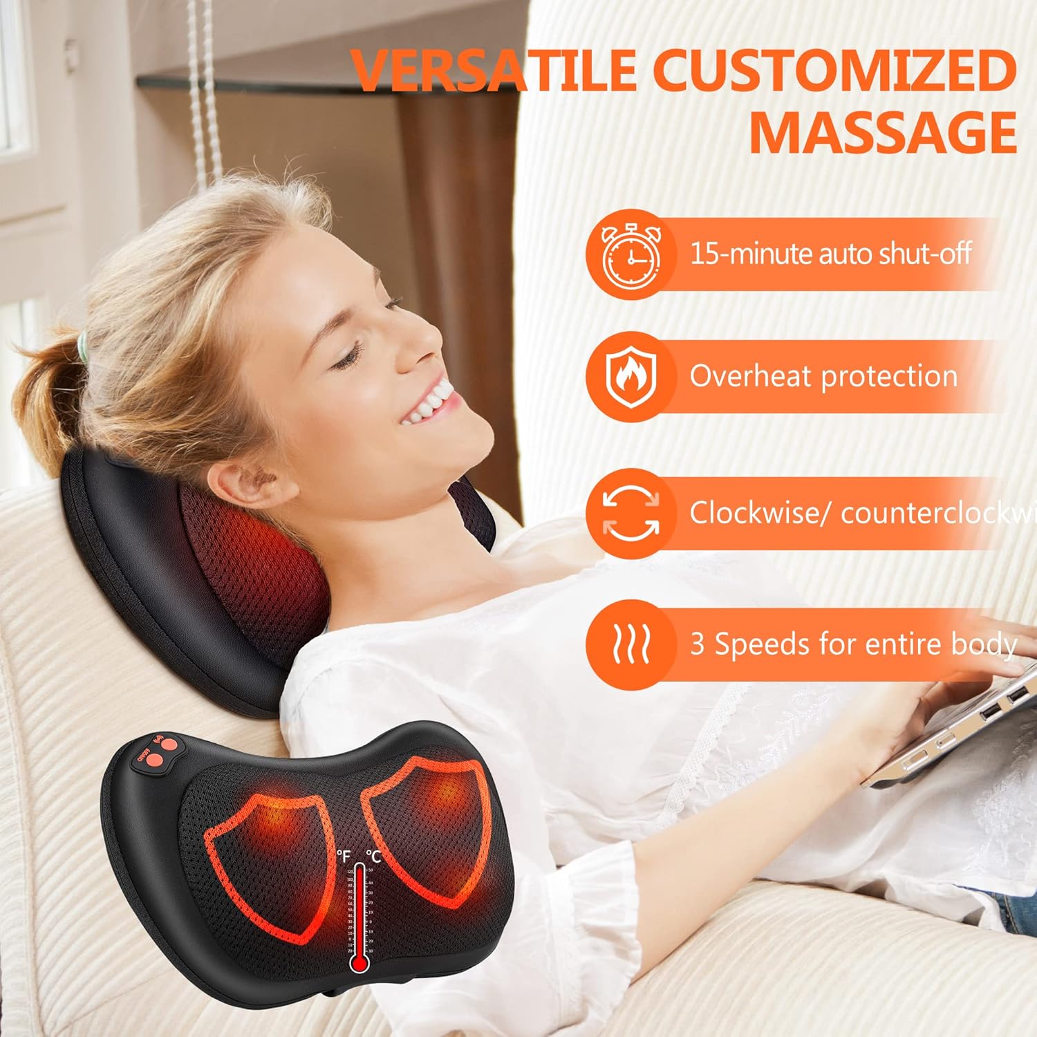 Shiatsu-Massagegerät, Massagekissen für Nacken, Schulter, Rücken, Massagegerät mit rotierenden Massageköpfen mit Wärmefunktion für Büro und Zuhause – Bild 3
