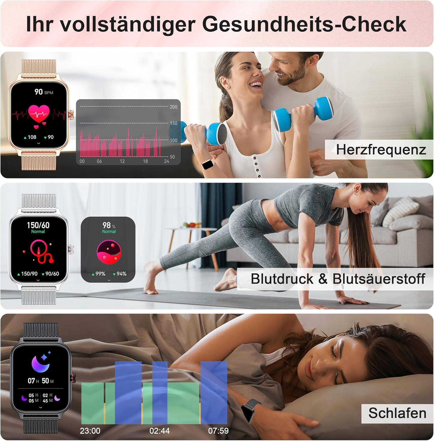 LODIMEKE Smartwatch Herren Damen Telefonfunktion Blutdruck Herzfrequenz Schlaf 1,96 Zoll AI Fitnessuhr 100+ Sportmodi, IP67 Wasserdicht Schrittzähler Wecker Rechner Visitenkarte iOS Android – Bild 3
