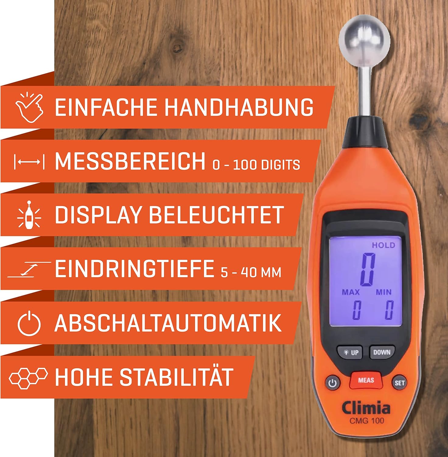 Climia CMG100 Feuchtigkeitsmessgerät für Wände, 5–40 mm Analysetiefe, Feuchtigkeitsmessgerät mit bis zu 50 Stunden Akkulaufzeit – einfach zu bedienen, beleuchtetes LED-Display – Bild 2