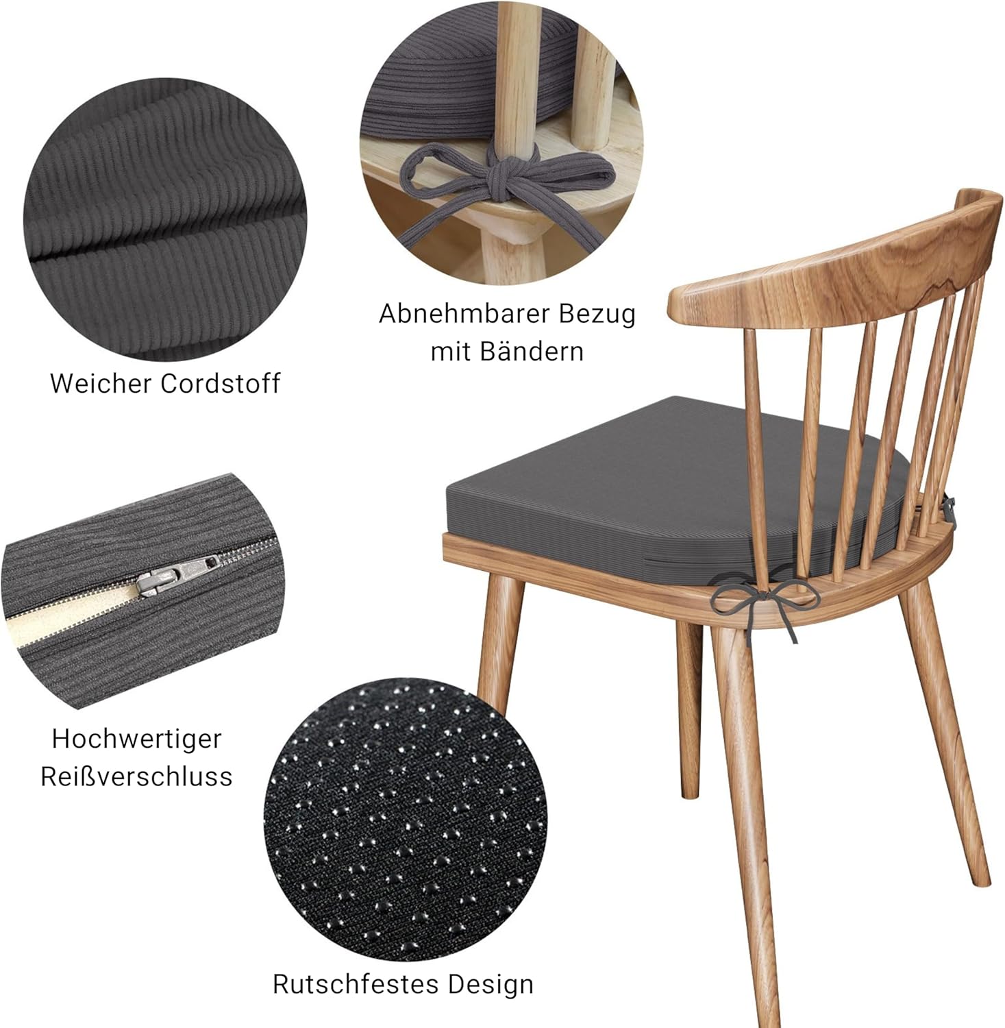 Stuhlkissen 40 x 40 x 5 cm (2er-Set), anthrazit, hochdichter Schaumstoff für den Innen- und Außenbereich, für Küche, Esszimmer, Garten, mit Befestigungsgurten und waschbarem Bezug – Bild 5