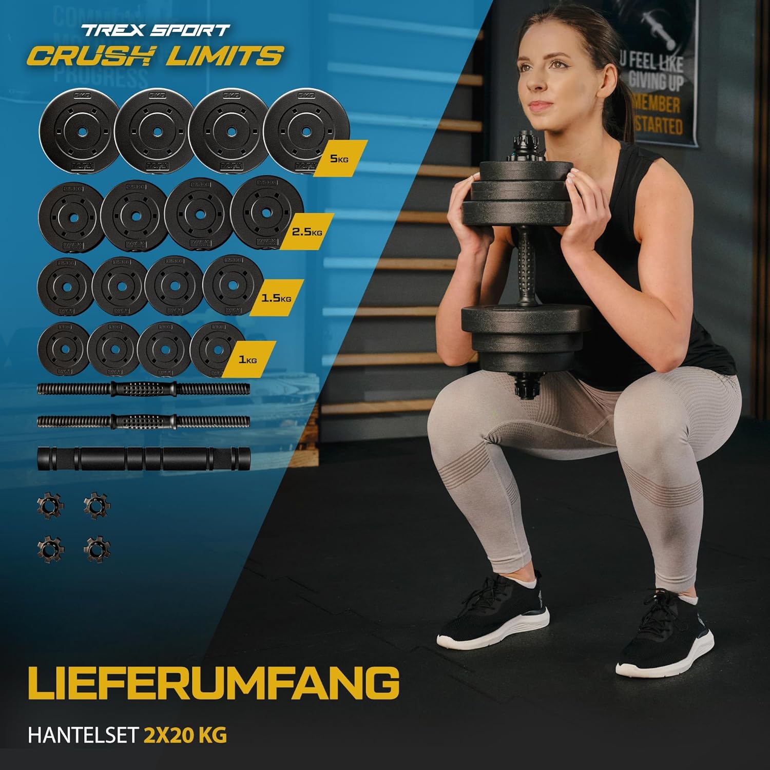 TREX SPORT Hanteln-Set | 2er Set Kurzhanteln & Langhantel | 20kg 40kg Hantelset Hantelset mit Verbindungsrohr – Bild 3