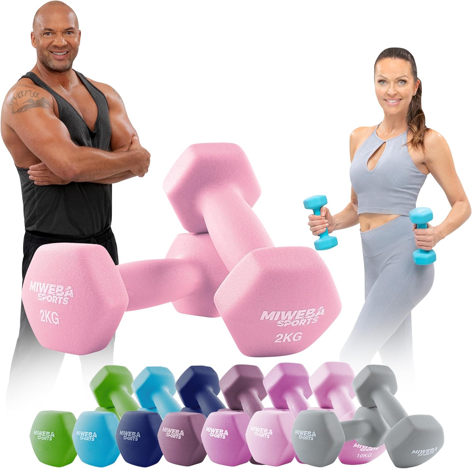Miweba Sports Neopren-Hantel-Set (NKH100), Profi-Hanteln, 0,5–10,0 kg, Hexagon-Hanteln-Set, Gymnastik-Hanteln