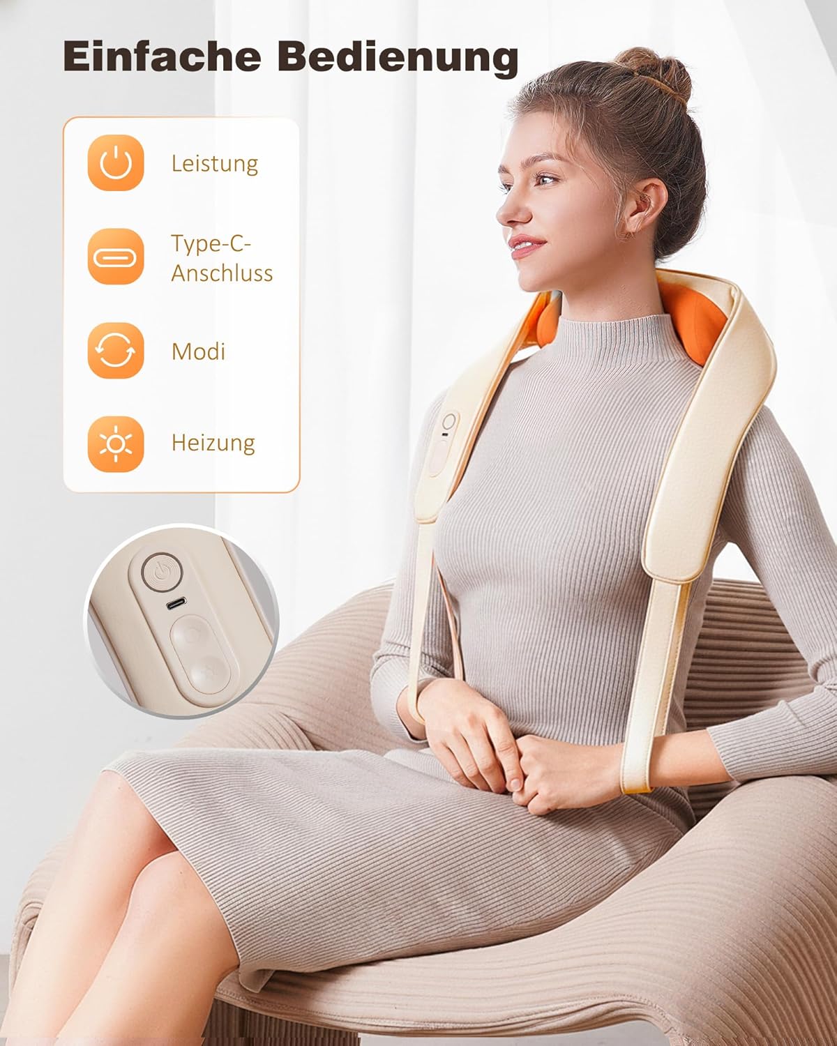 KNQZE Shiatsu-Massagegerät 4D, 2025, kabelloses Nackenmassagegerät mit Wärme, verbesserte Graphen-Erwärmung, 4D-Shiatsu-Tiefknet-Nackenmassage für Nacken, Schulter, Rücken, Geschenke für Männer, Beige – Bild 2
