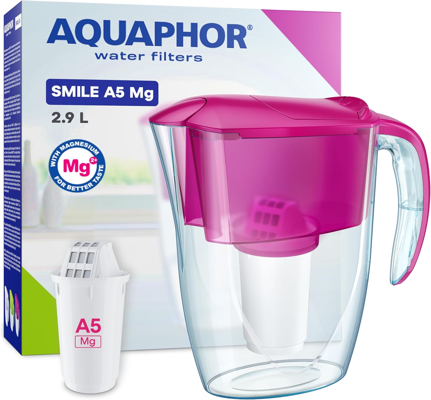 AQUAPHOR Smile Cyclamen Wasserfilter inkl. 1 A5 Filter mit Magnesium I Reduziert Kalk und Chlor I Karaffe für 2,9 LI Kompakter & leichter Wasserfilter I Tischwasserfilter I Passt in die Kühlschranktür