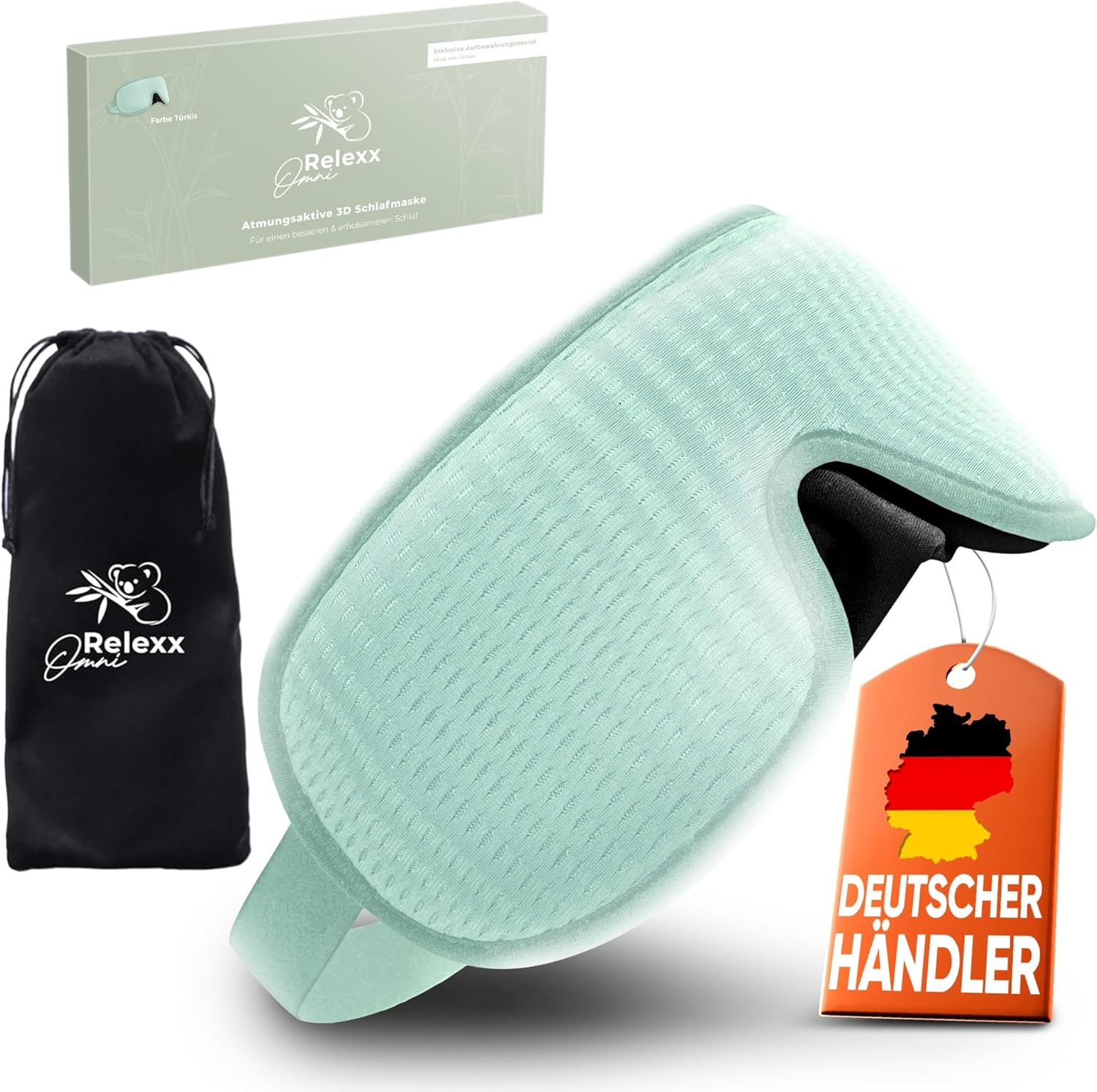 Schlafmaske für Damen und Herren – Atmungsaktive Schlafmaske – Bequeme und weiche Augenmaske – Lichtblockierend – Reisetasche – 3D-Aussparung für die Augen – Memory-Schaum (Türkis)